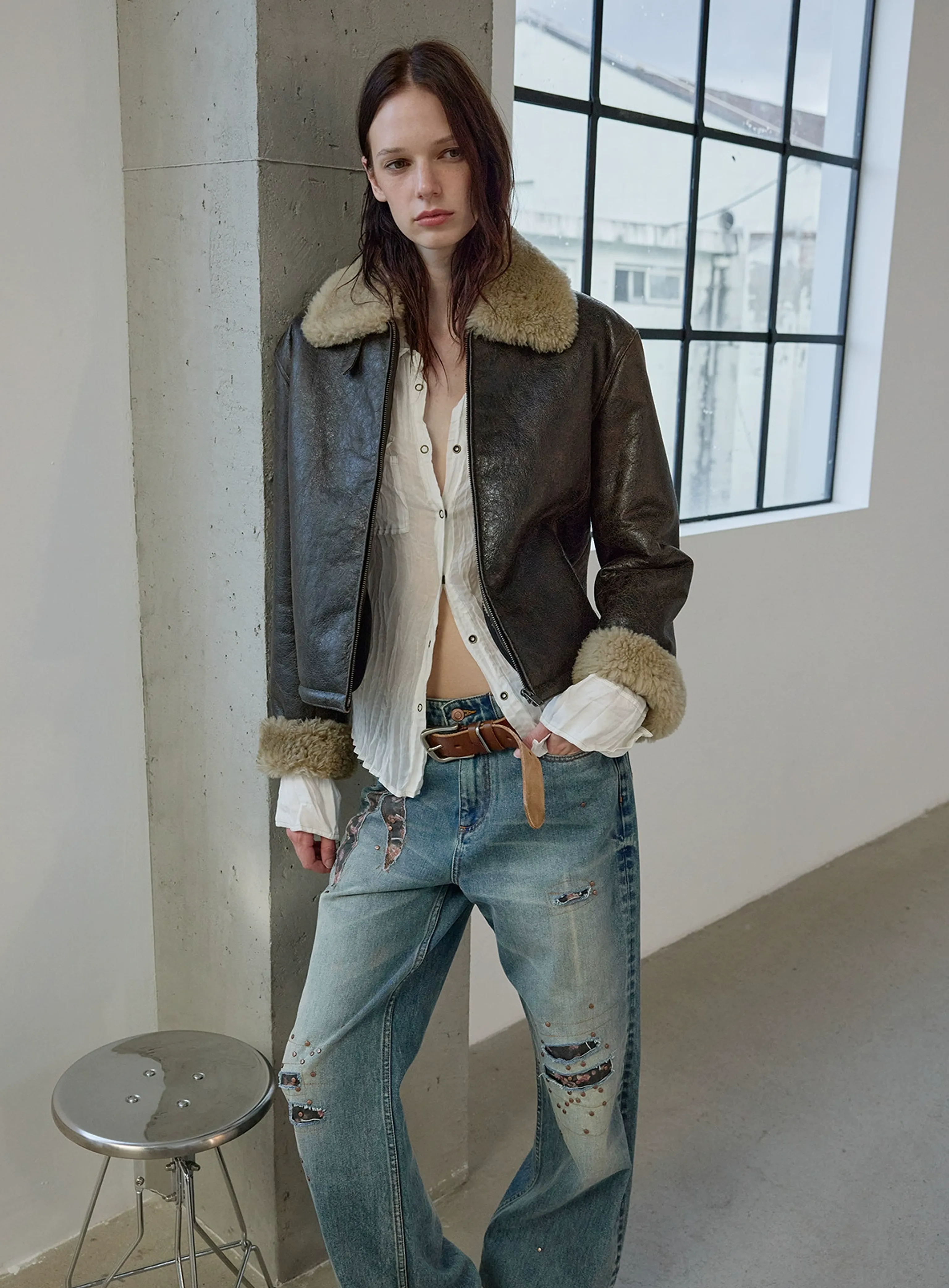 Crackled Shearling Aviator Jacket - Image 2