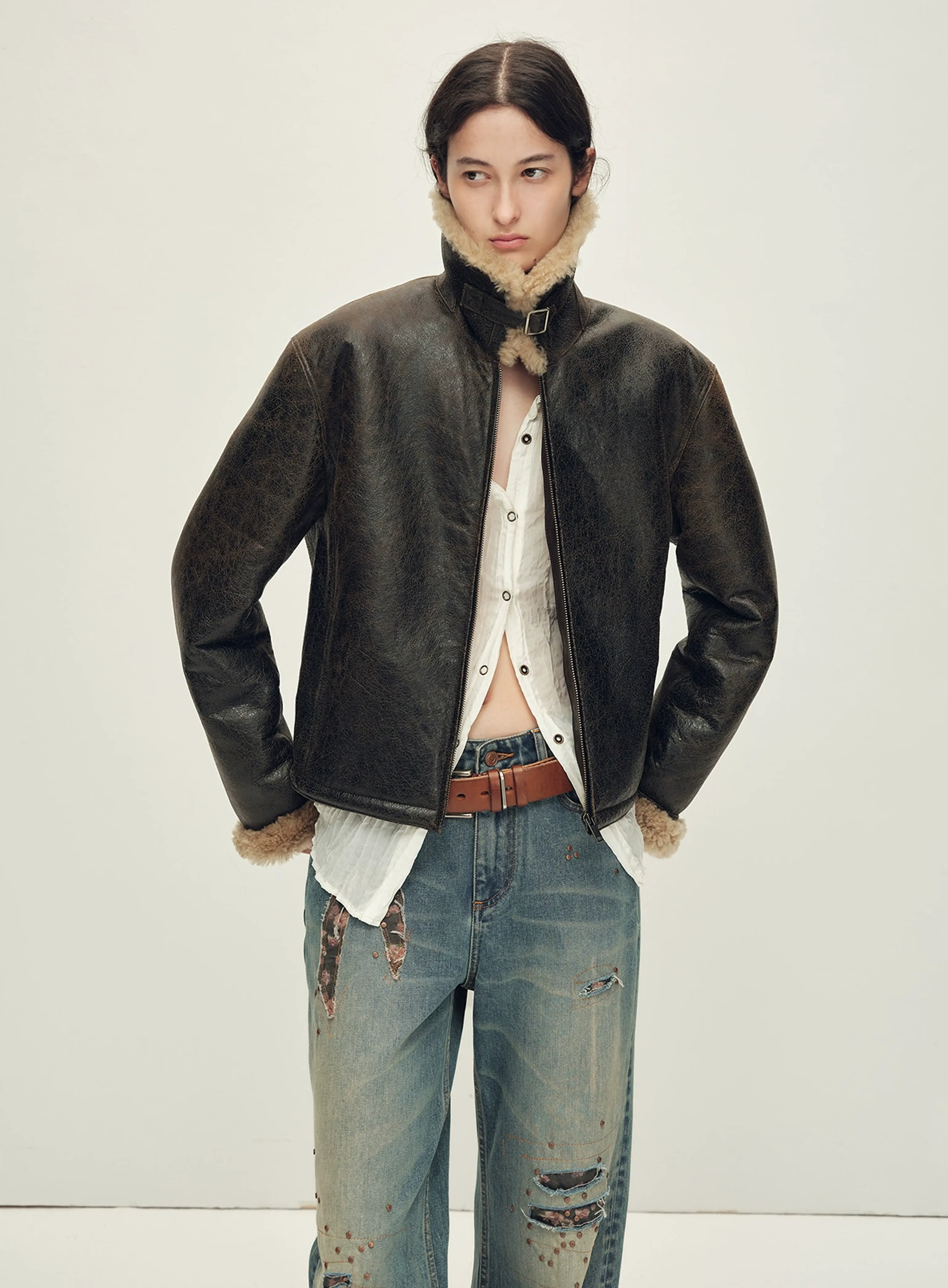 Crackled Shearling Aviator Jacket - Image 3