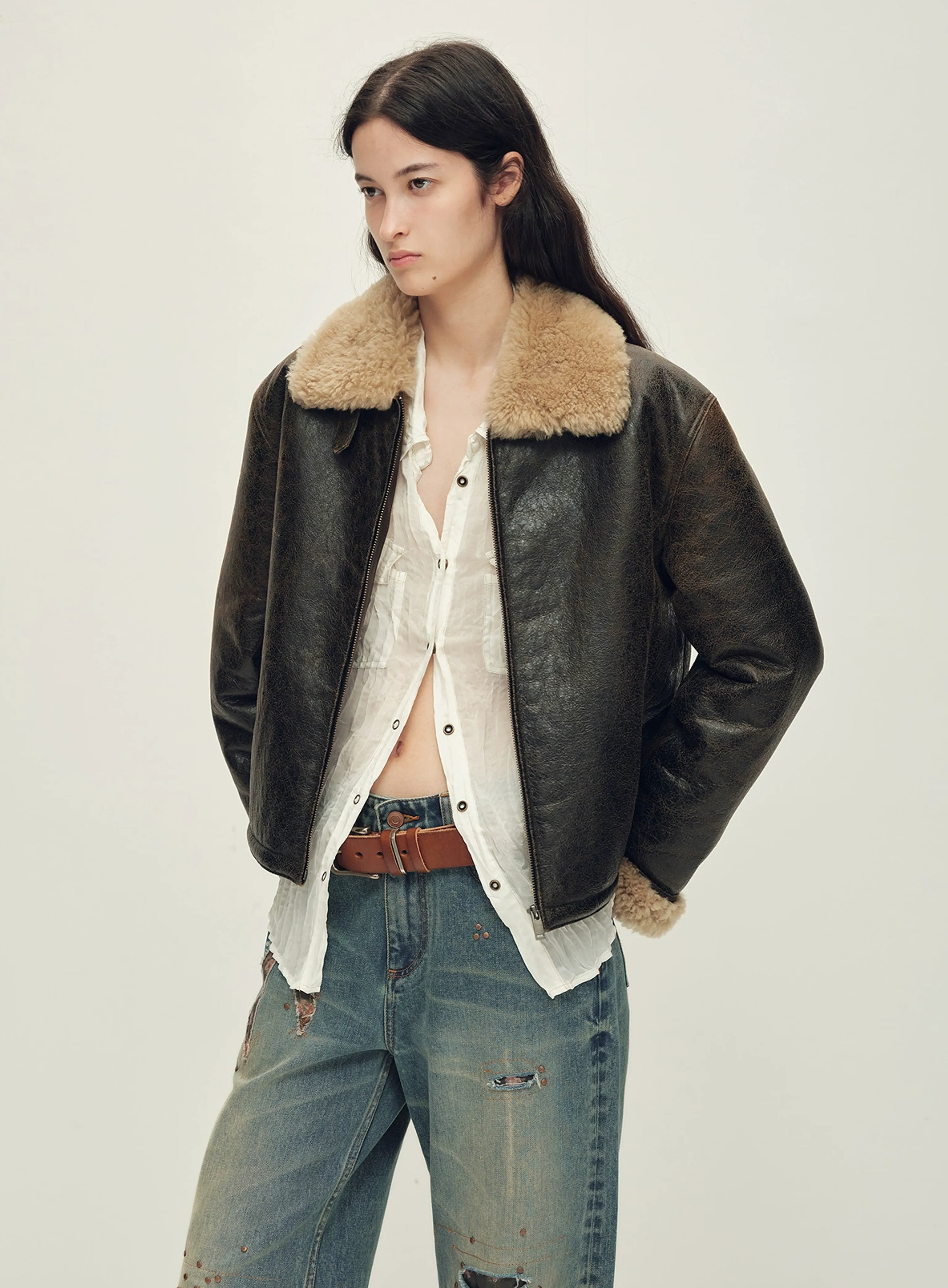 Crackled Shearling Aviator Jacket - Image 4
