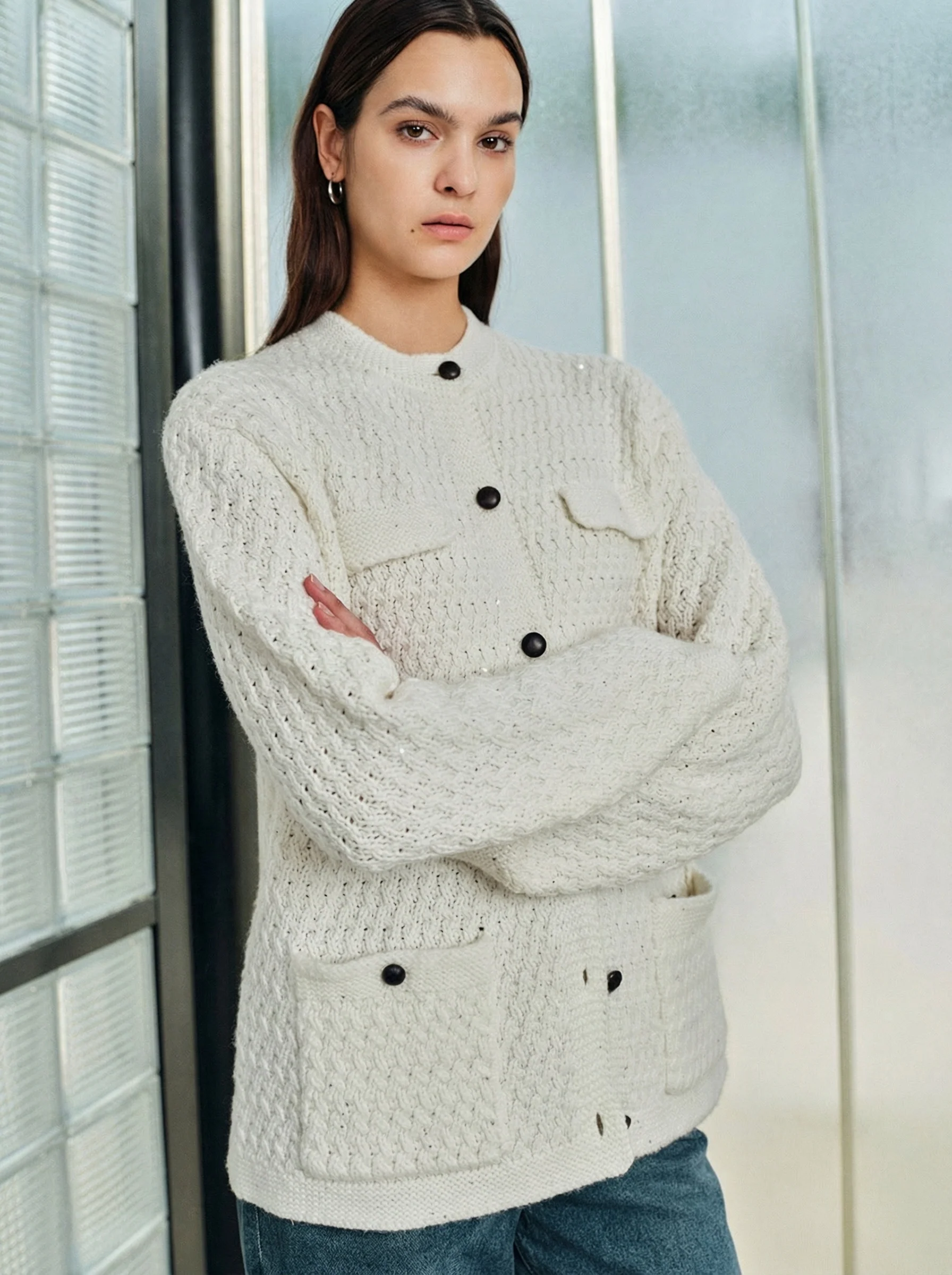 Cream Cashmere-Merino Cardigan Jacket