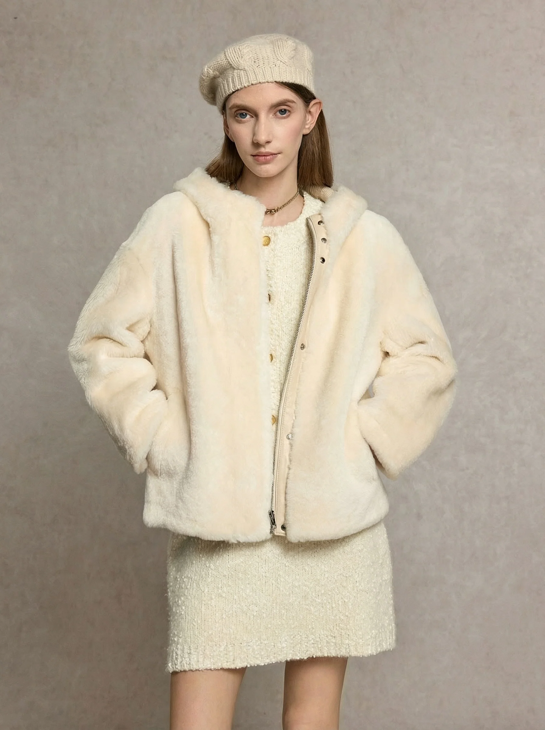 Cream Hooded Shearling Jacket