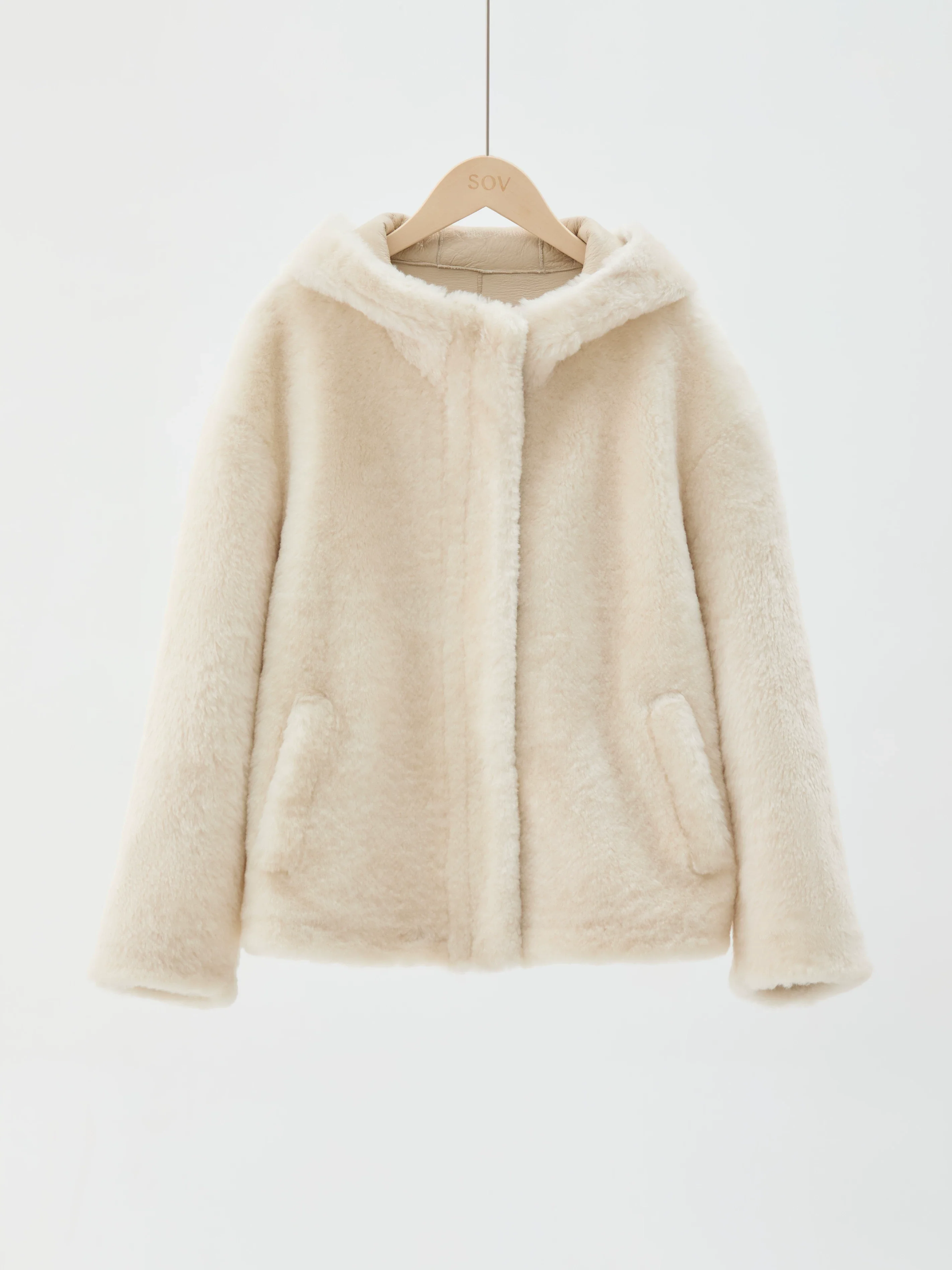 Cream Hooded Shearling Jacket - Image 2