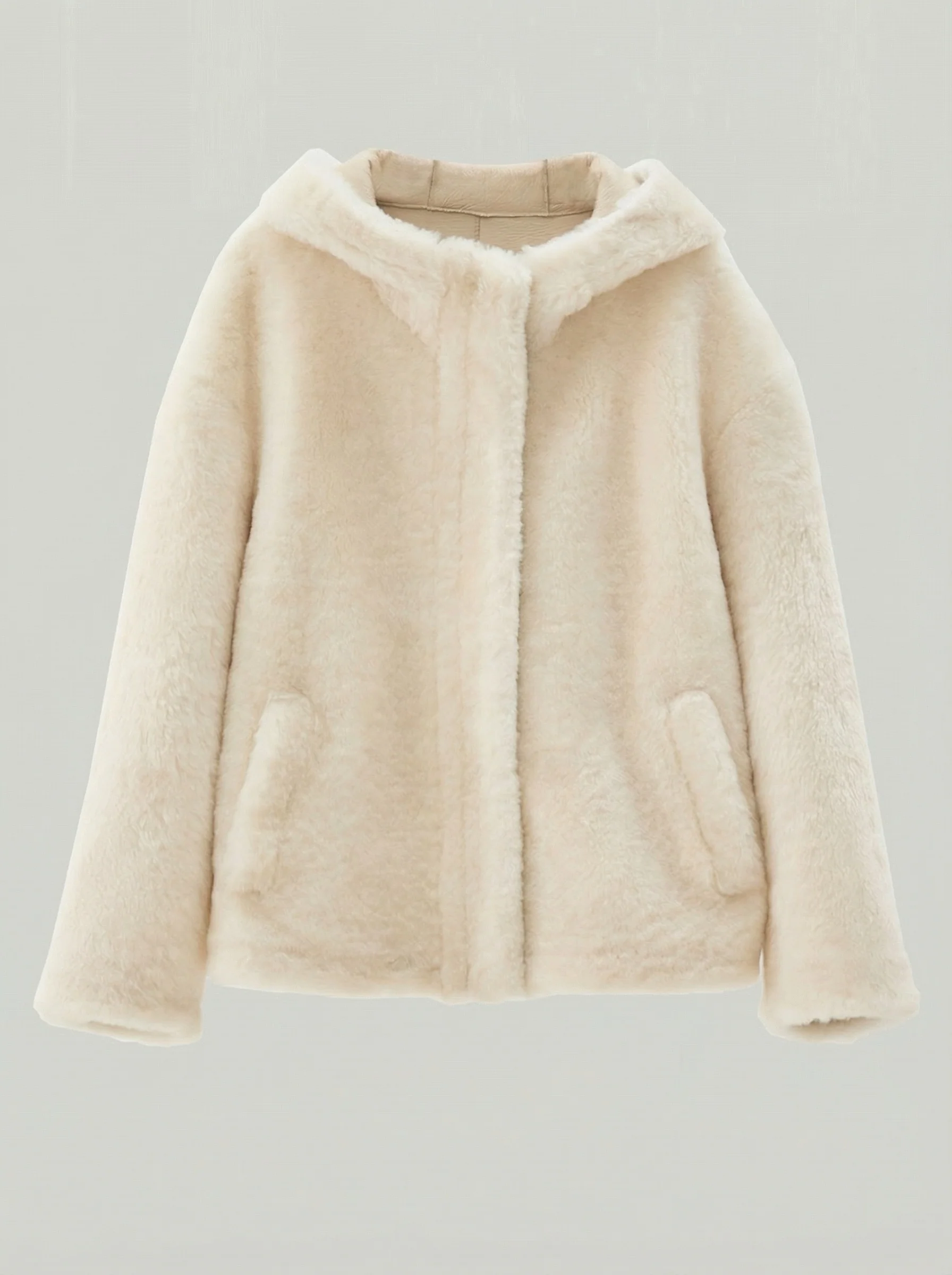 Cream Hooded Shearling Jacket - Image 6