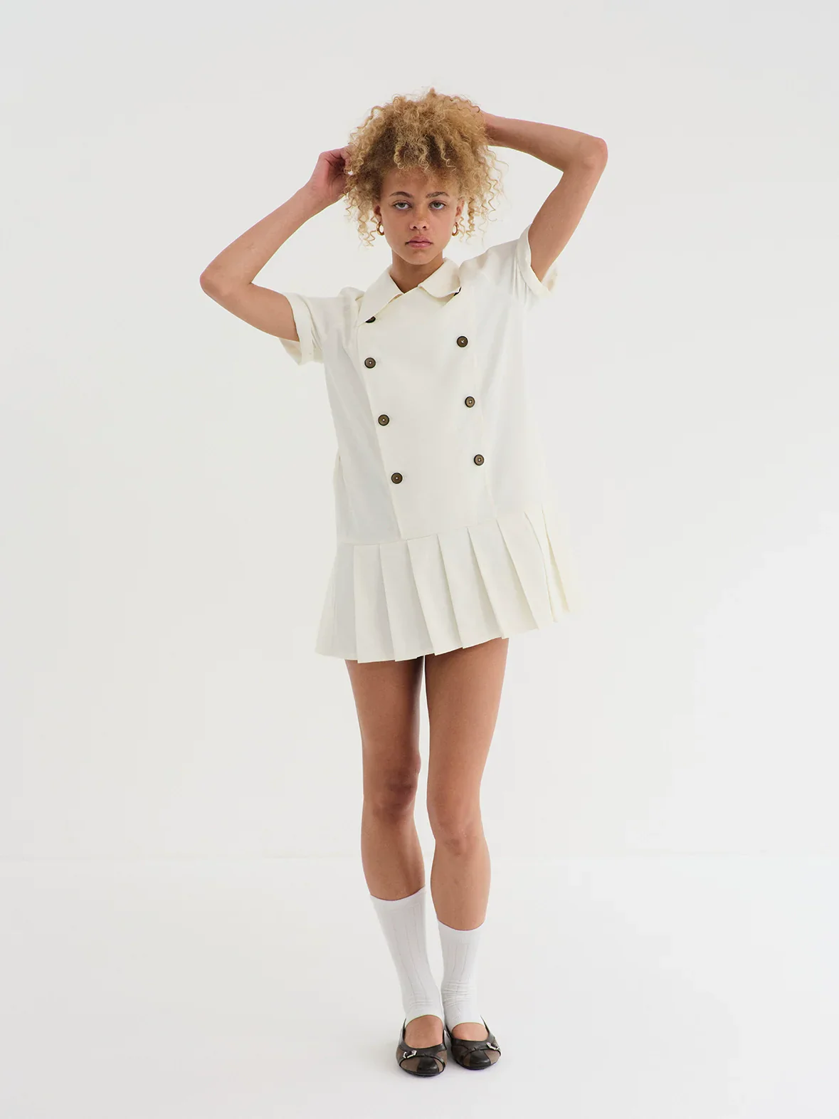 Creamy White Double-Breasted Pleated Dress - Image 3