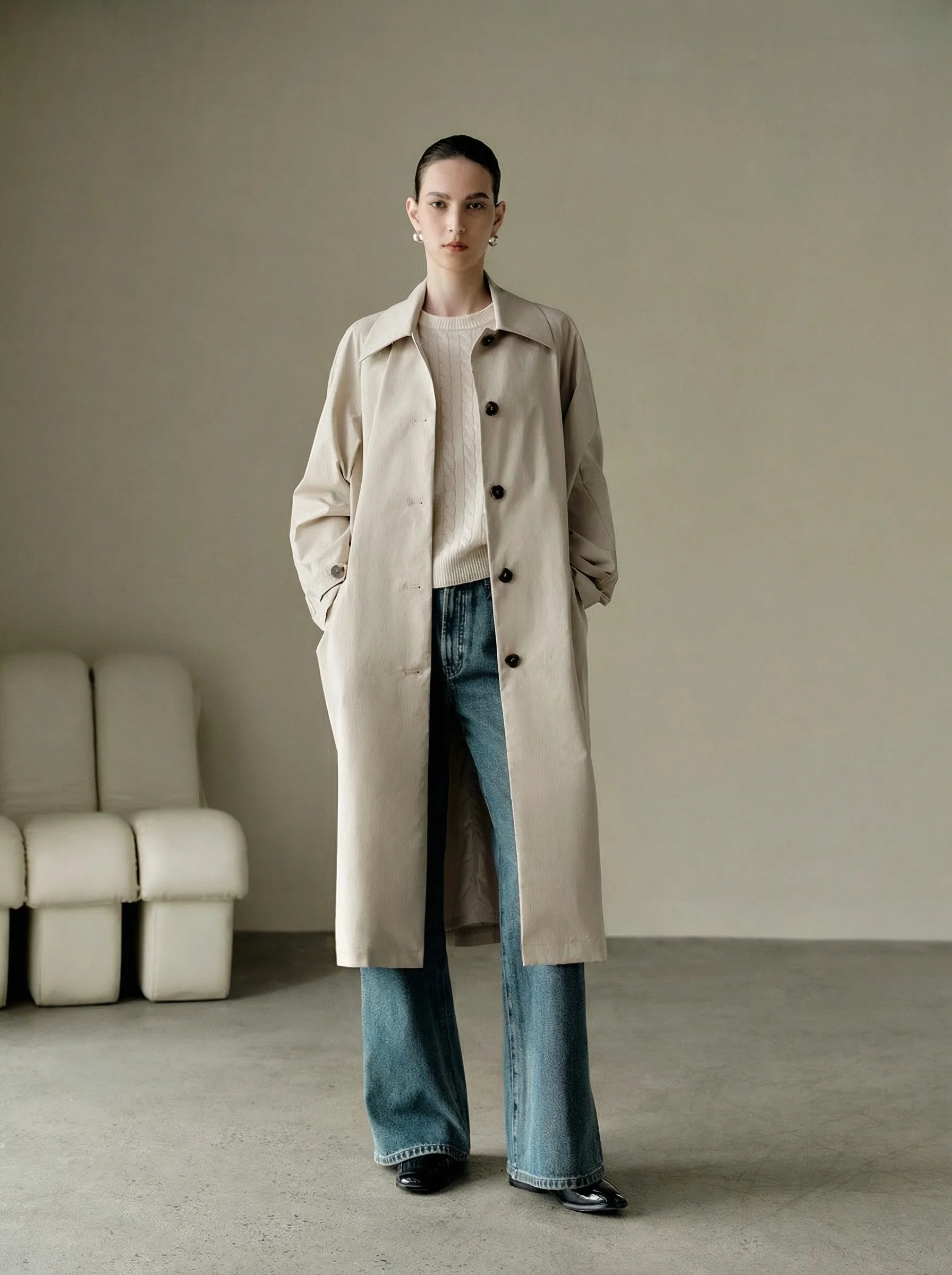 Crinkle Twill H-Line Trench Coat - Image 3