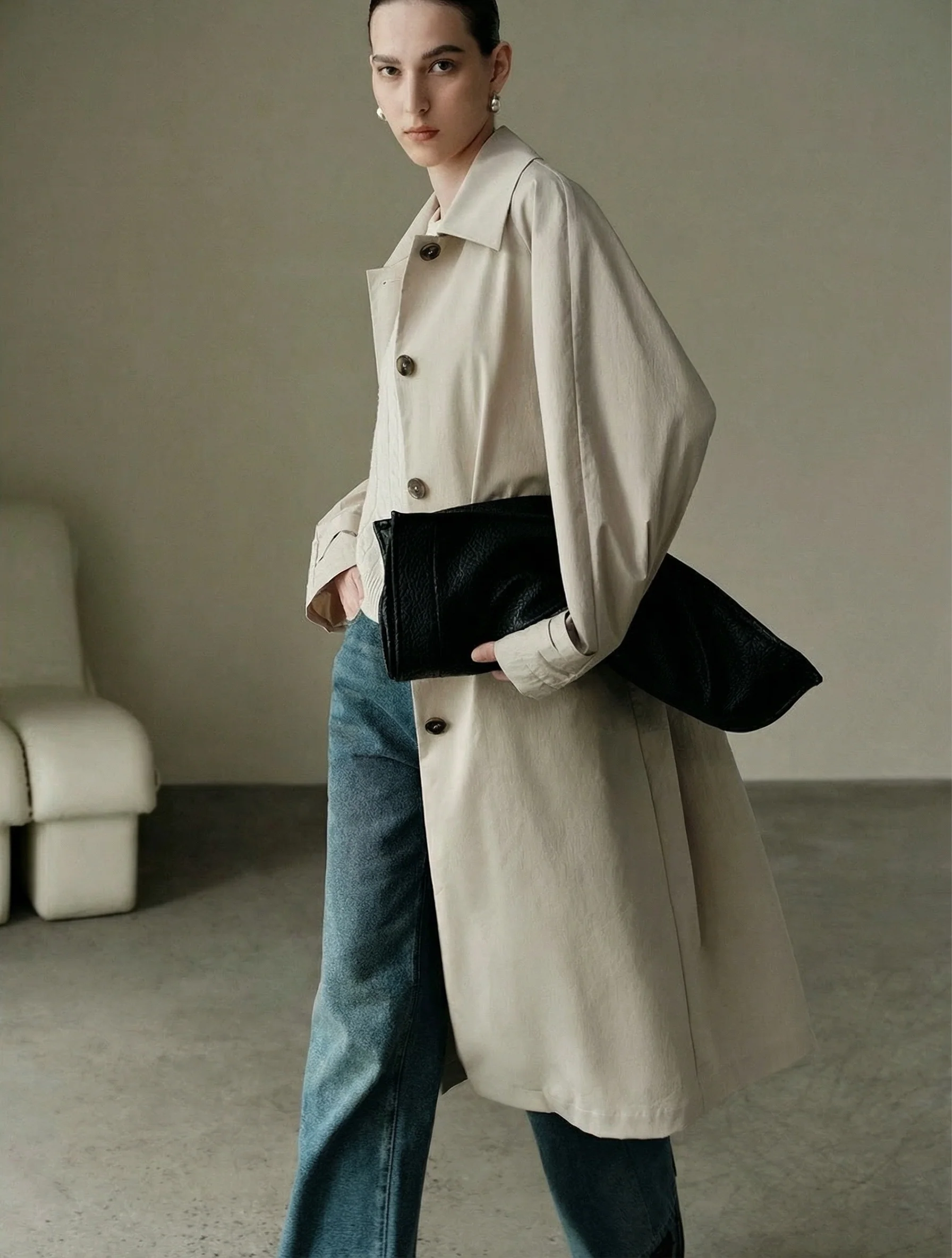 Crinkle Twill H-Line Trench Coat - Image 4