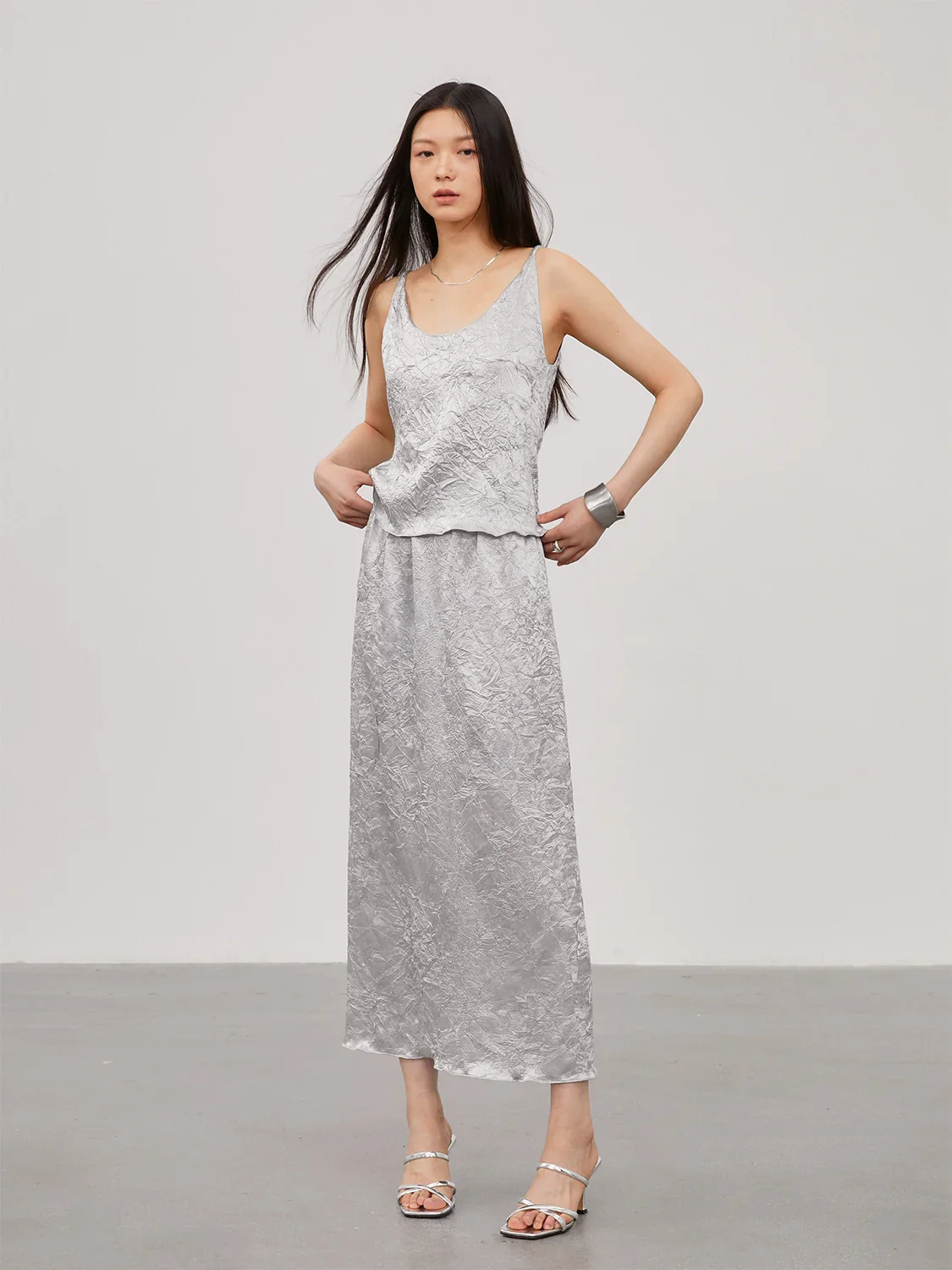 Crinkled Acetate Camisole & Slip Skirt Set