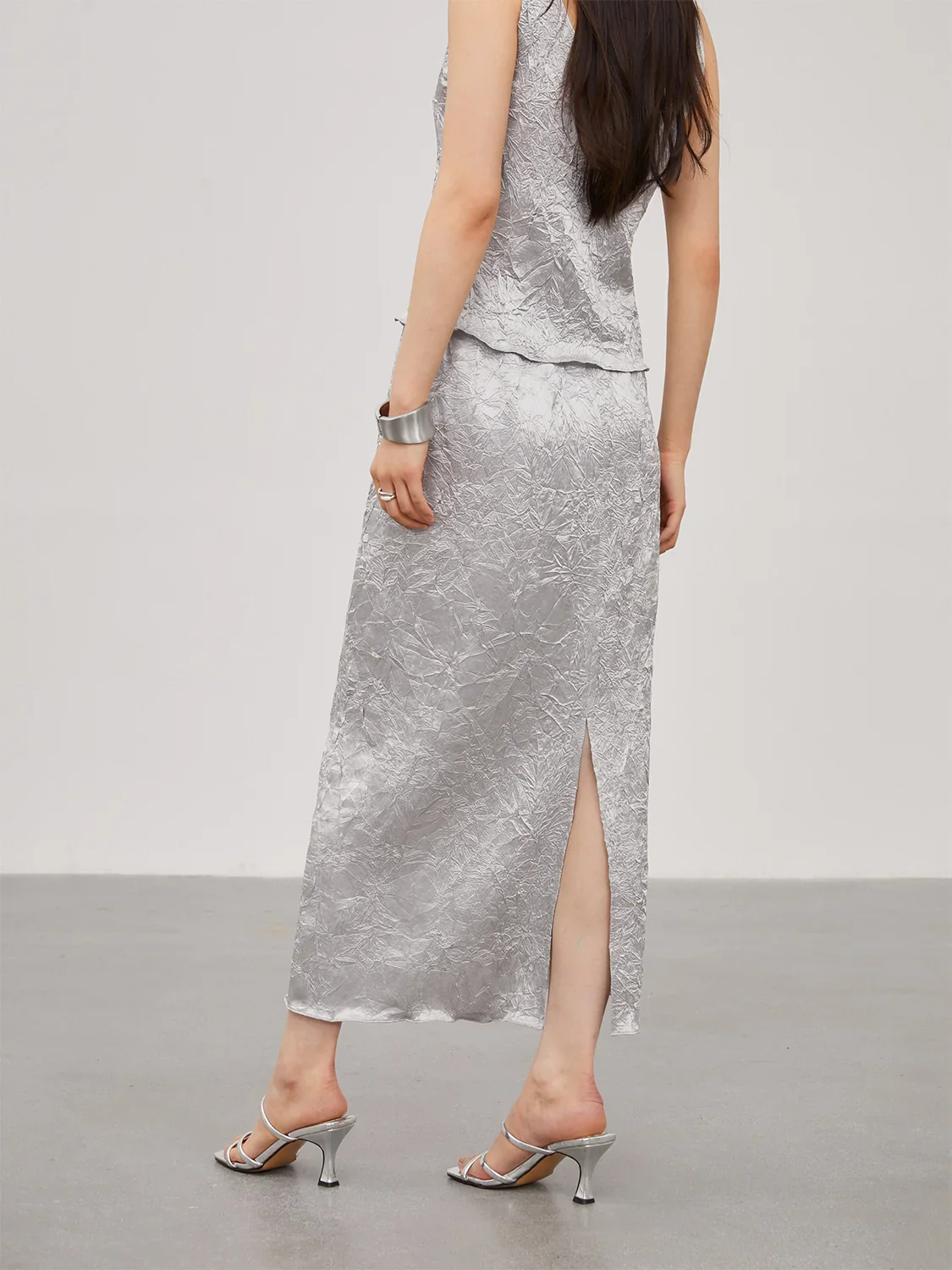 Crinkled Acetate Camisole & Slip Skirt Set - Image 2