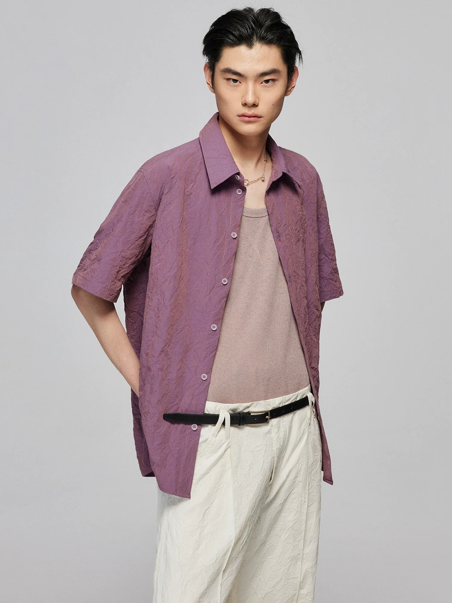 Crinkled Purple Short-Sleeve Shirt - Image 4