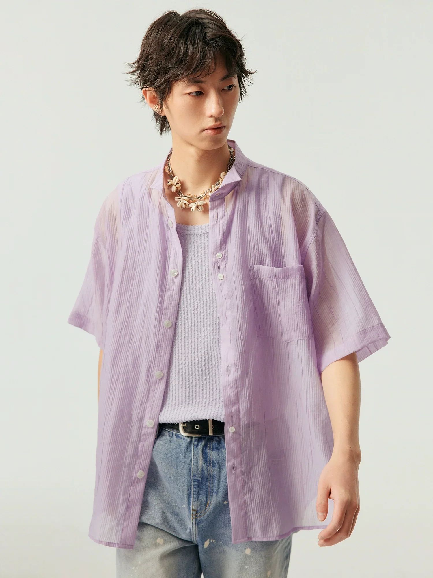 Crinkled Wing Collar Short Sleeve Shirt