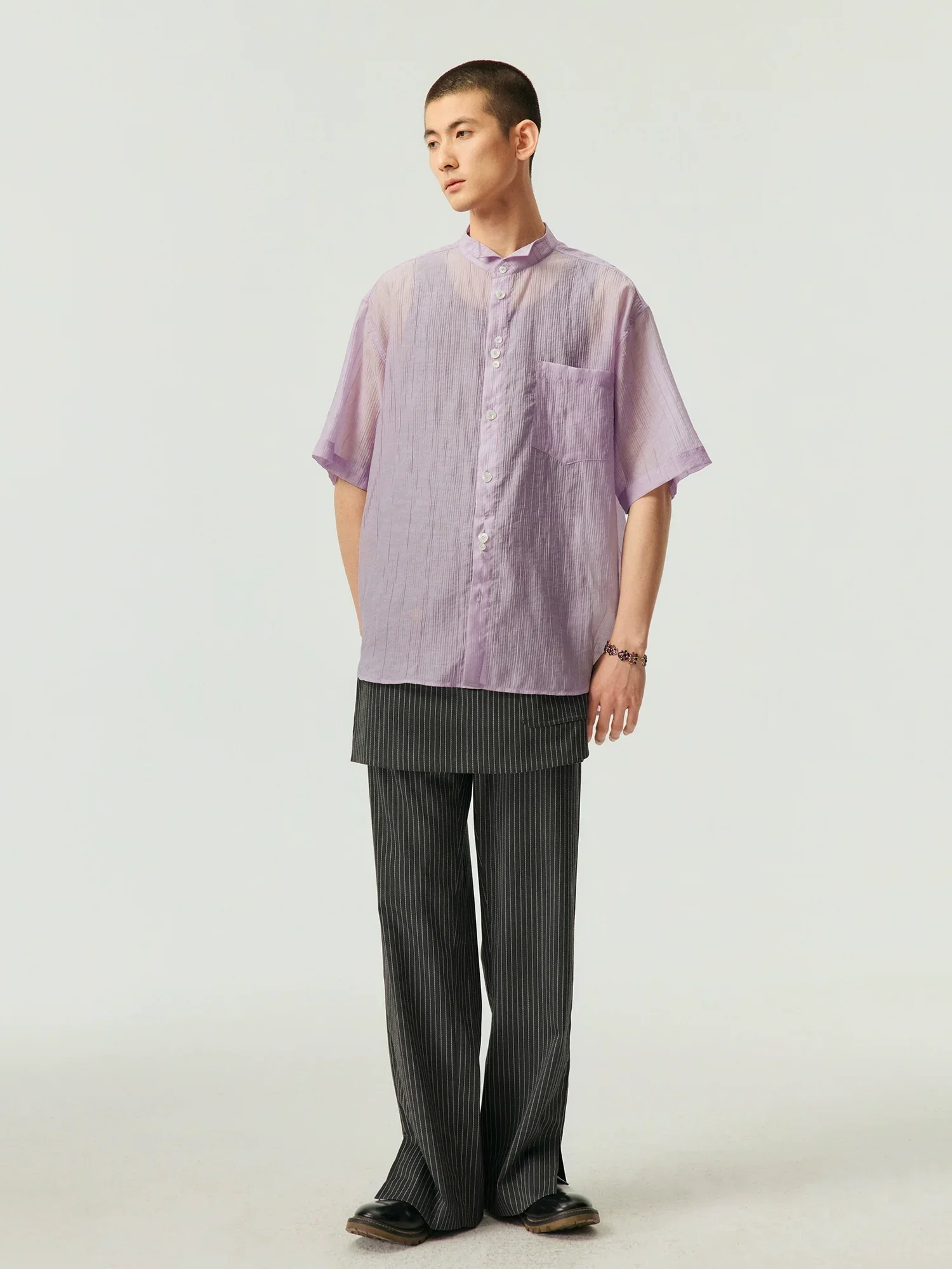 Crinkled Wing Collar Short Sleeve Shirt - Image 2
