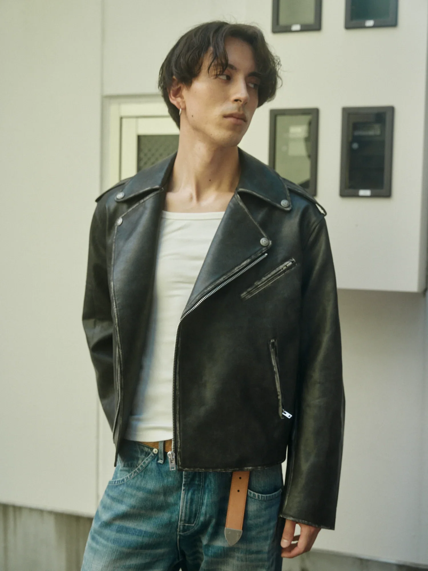 Cropped Distressed Biker Jacket - Image 3