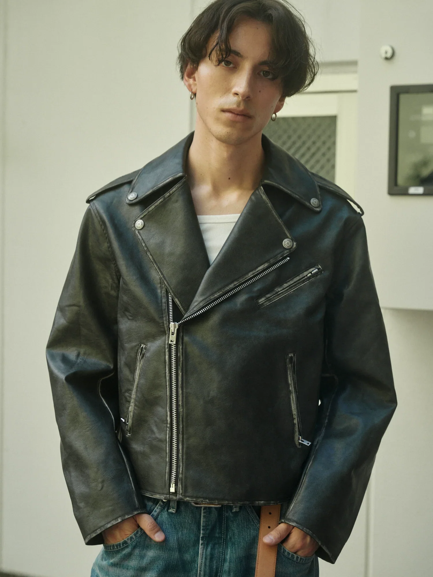 Cropped Distressed Biker Jacket - Image 5