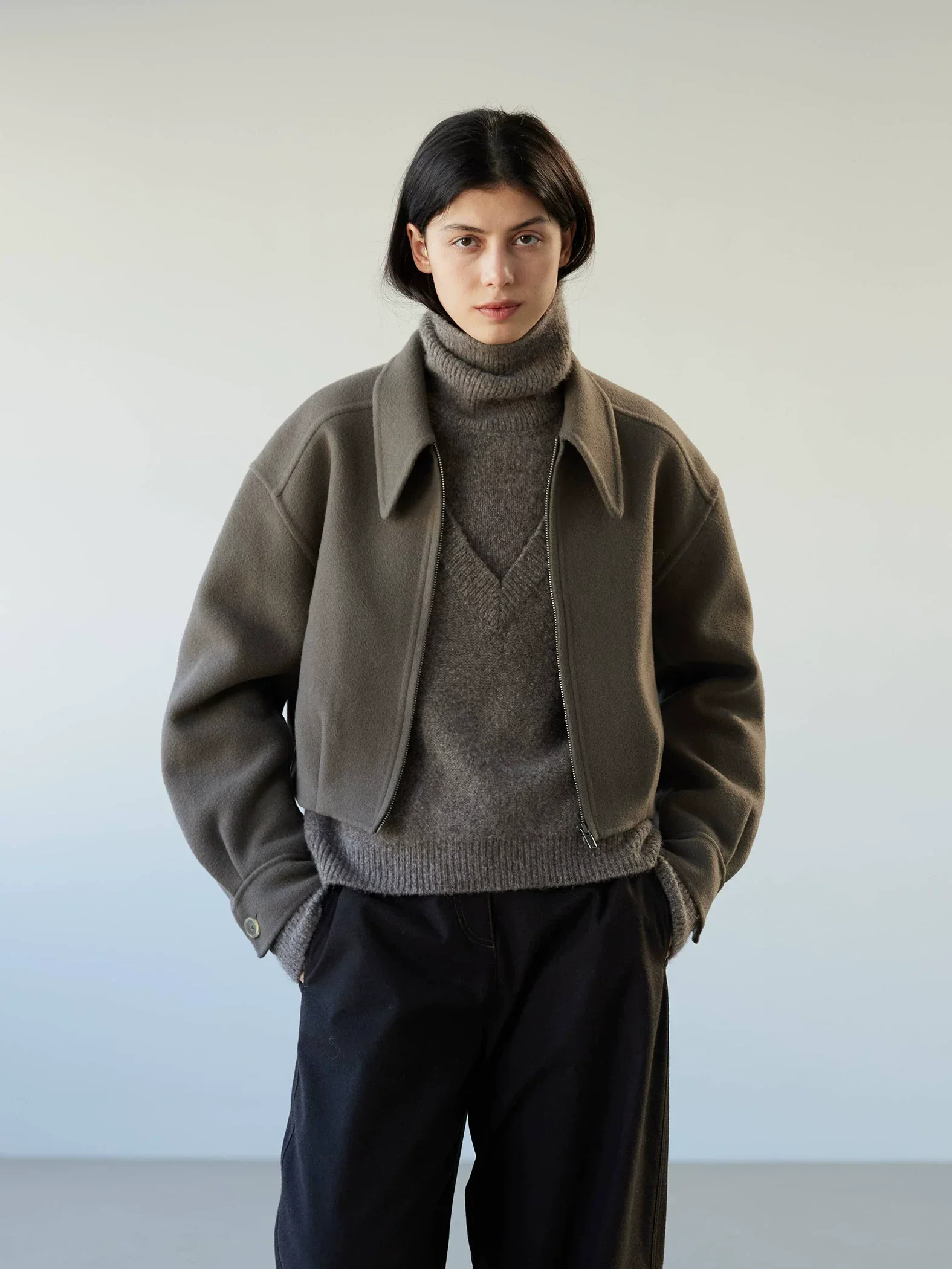 Cropped Double-Faced Wool Zip Jacket