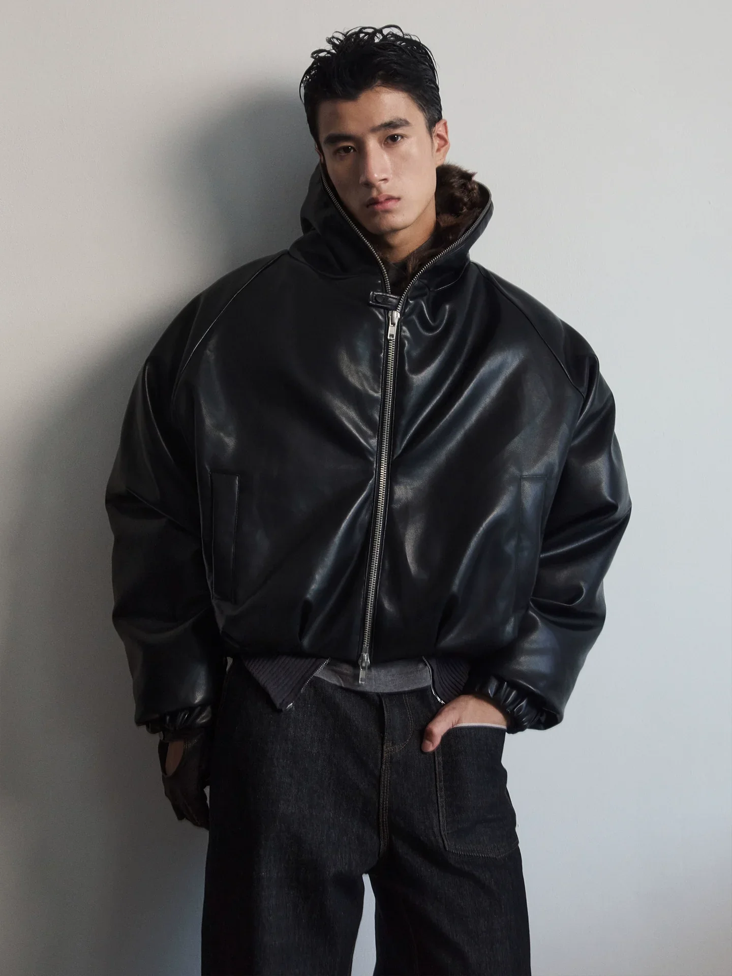 Cropped Faux Leather Hooded Bomber - Image 3