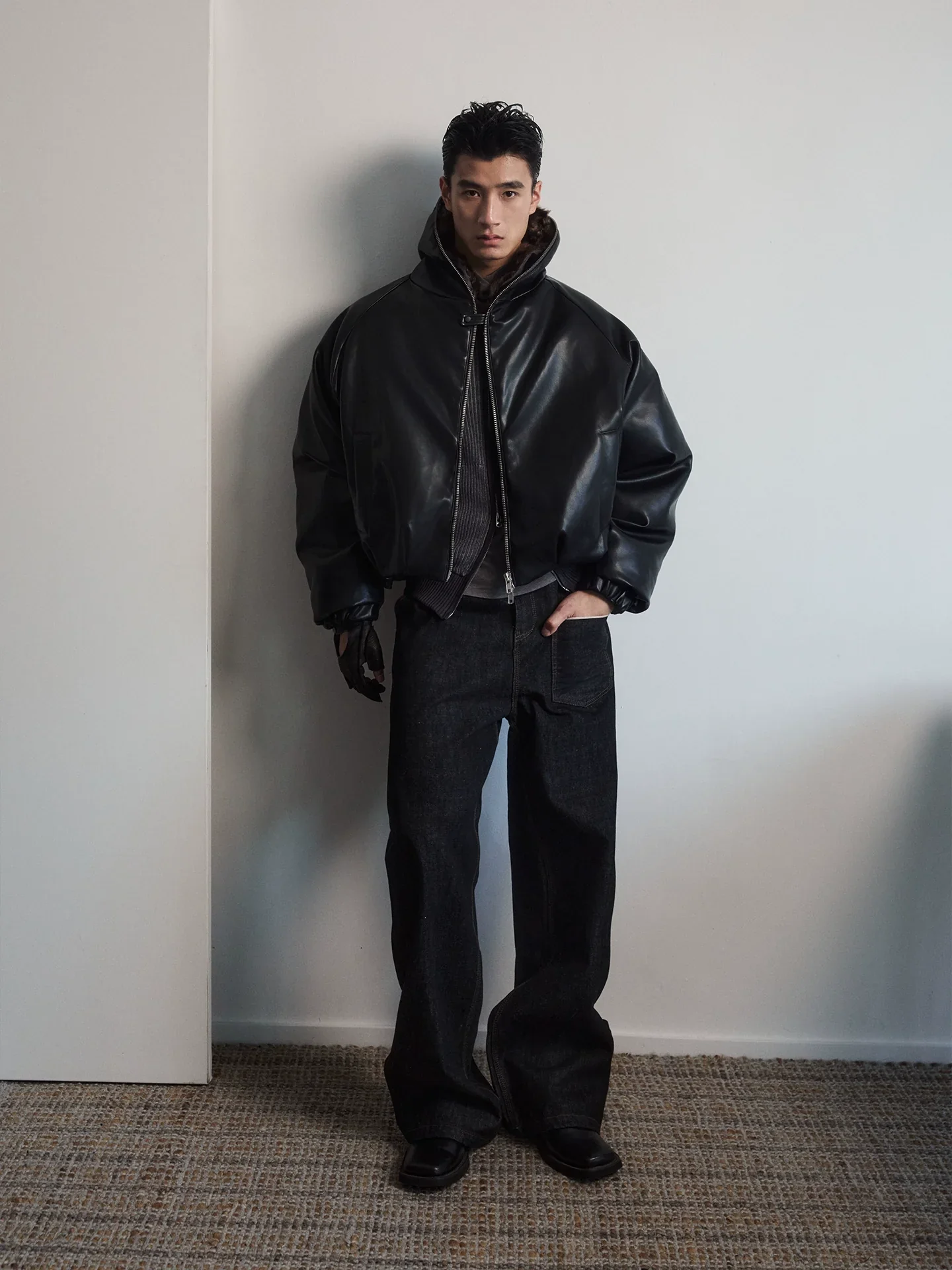Cropped Faux Leather Hooded Bomber - Image 5
