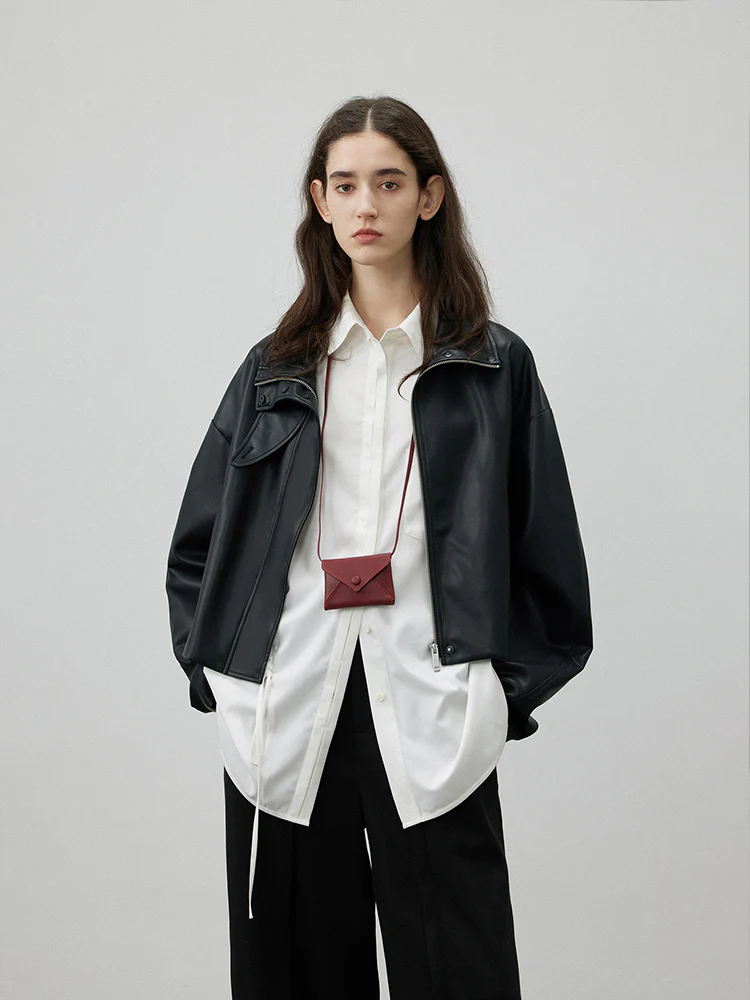 Cropped Faux Leather Zip Jacket - Image 2