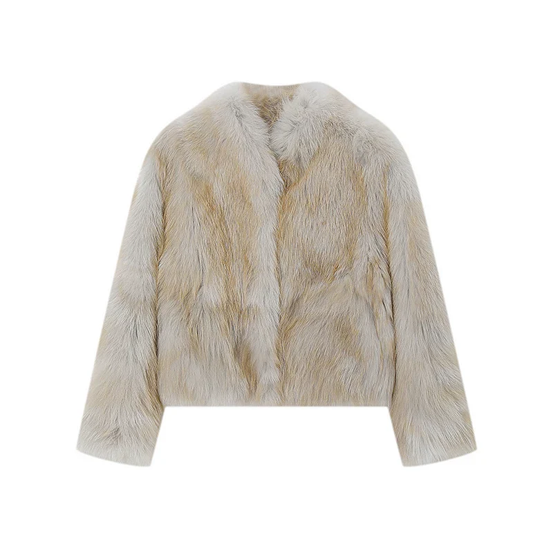 Cropped V-Neck Fox Fur Jacket - Image 3
