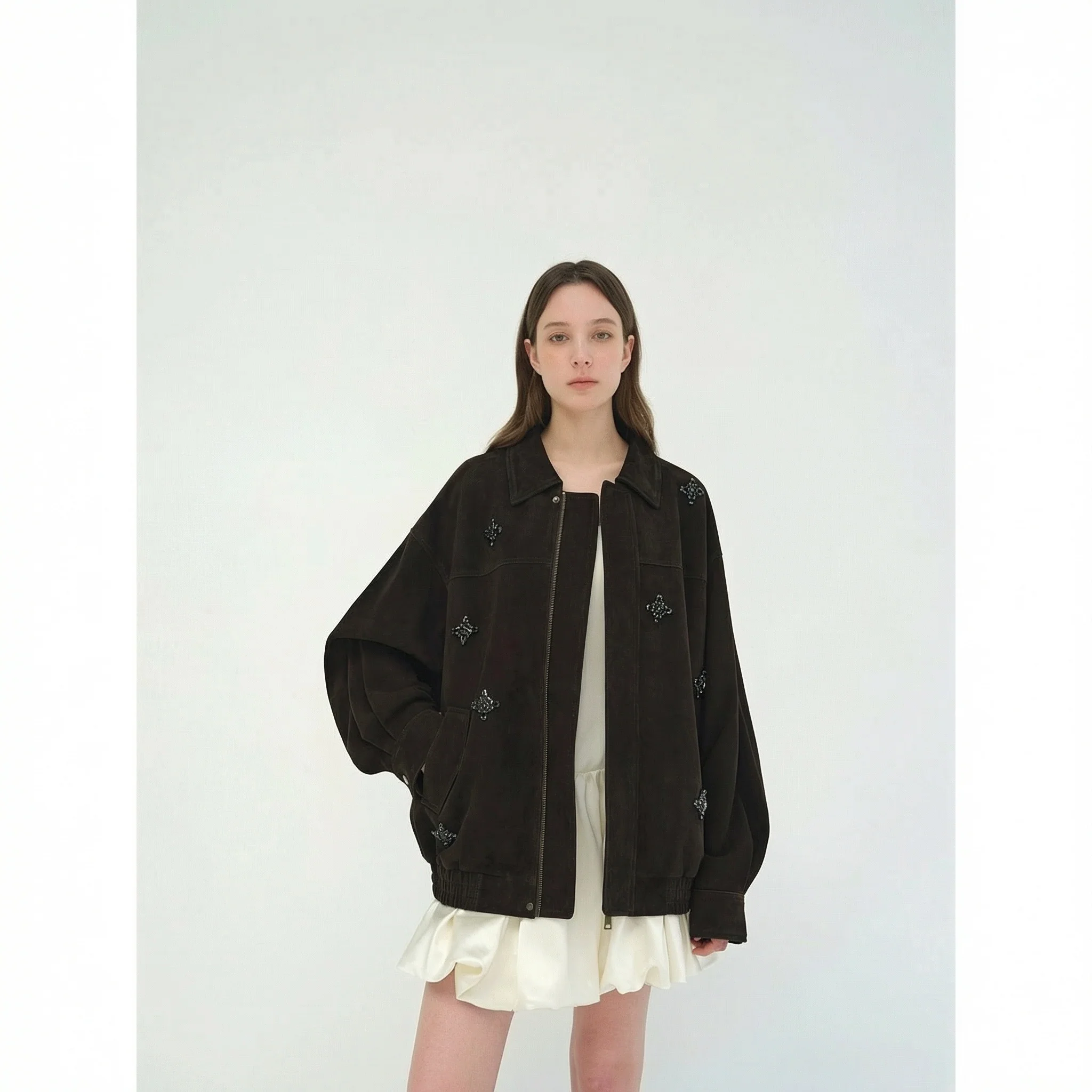 Crystal Embellished Reverse Suede Zip Jacket - Image 3