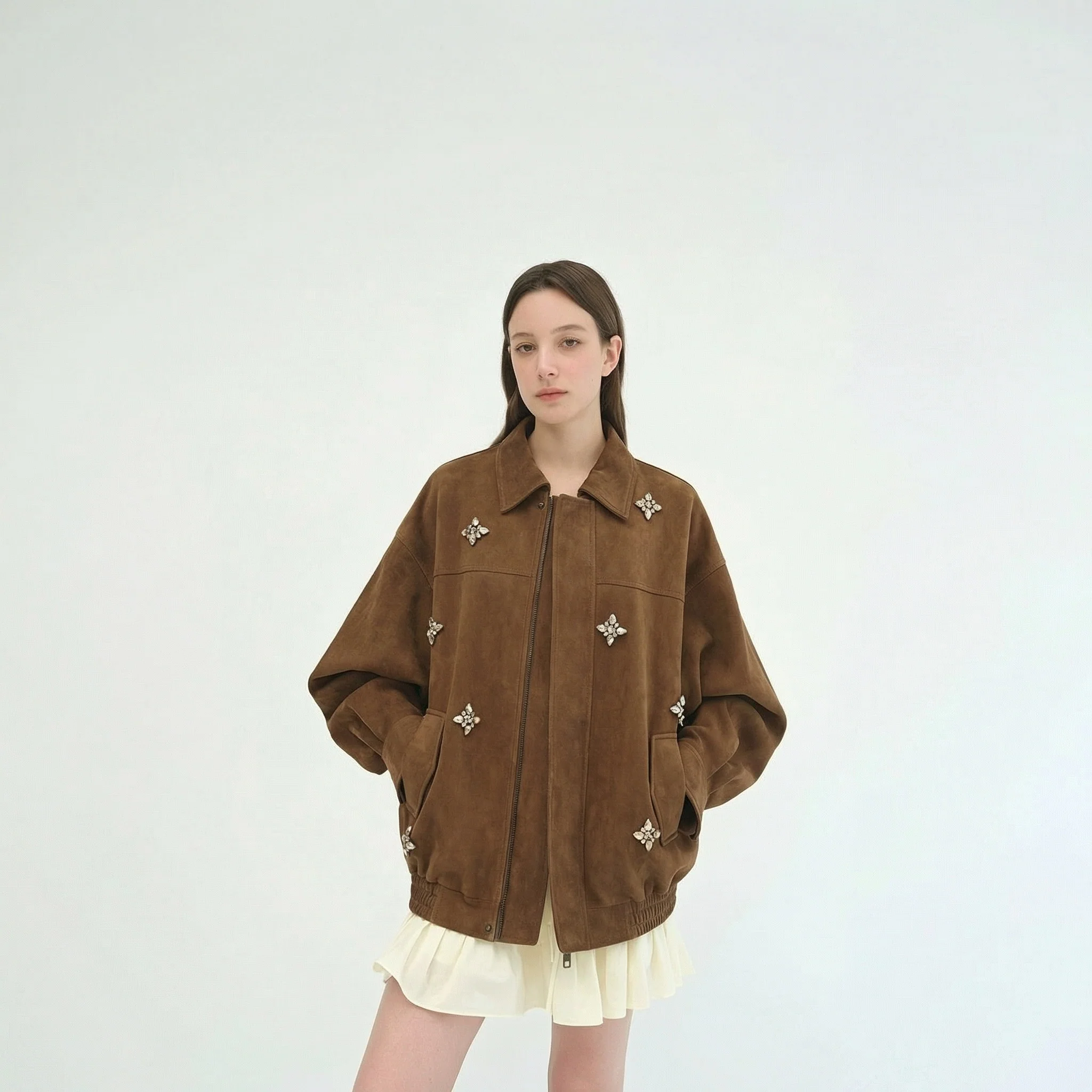 Crystal Embellished Reverse Suede Zip Jacket - Image 4