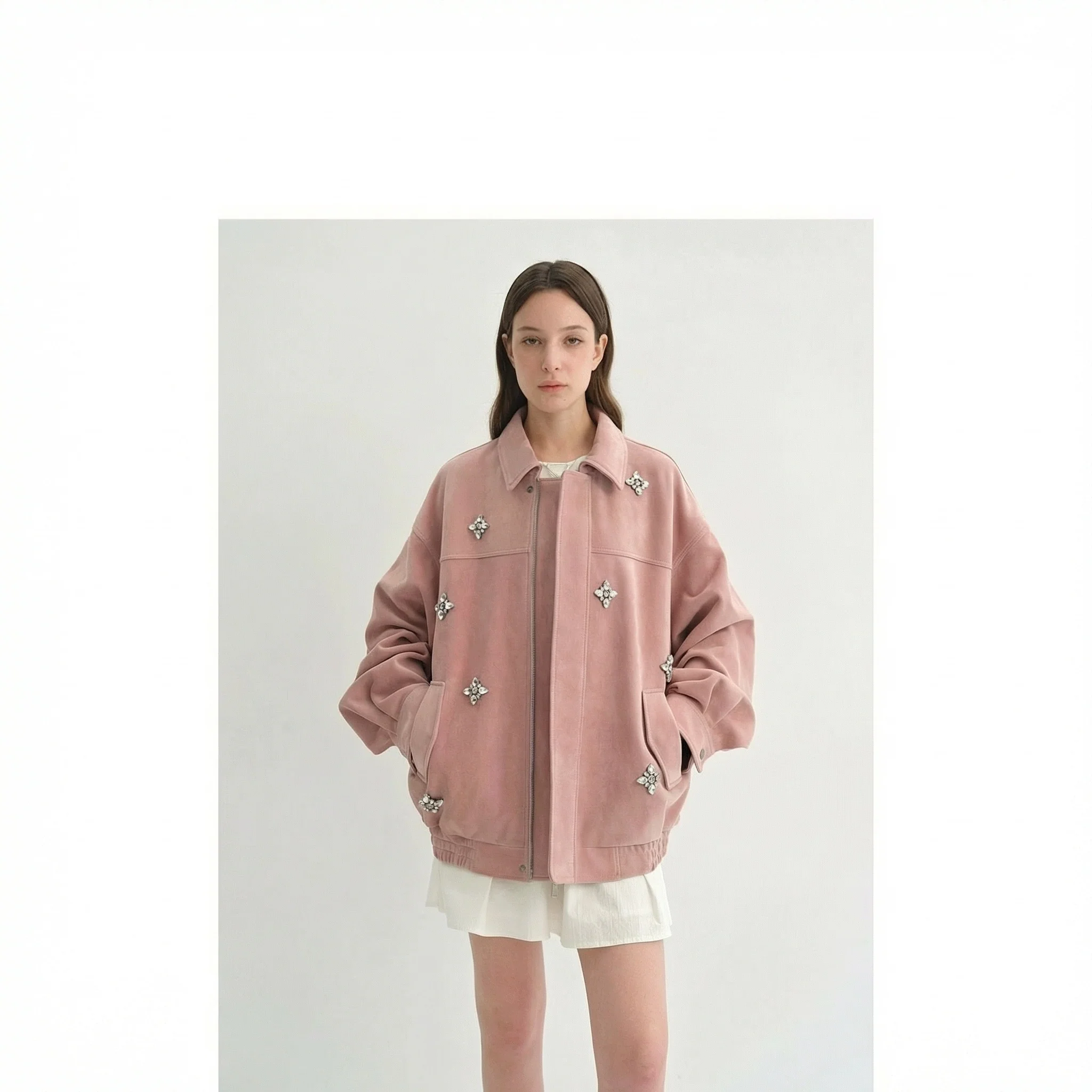 Crystal Embellished Reverse Suede Zip Jacket - Image 5