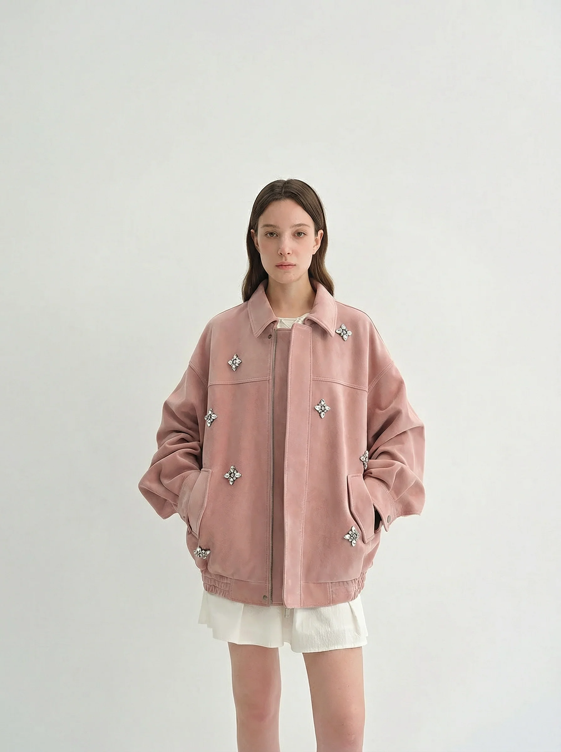 Crystal Embellished Reverse Suede Zip Jacket - Image 7