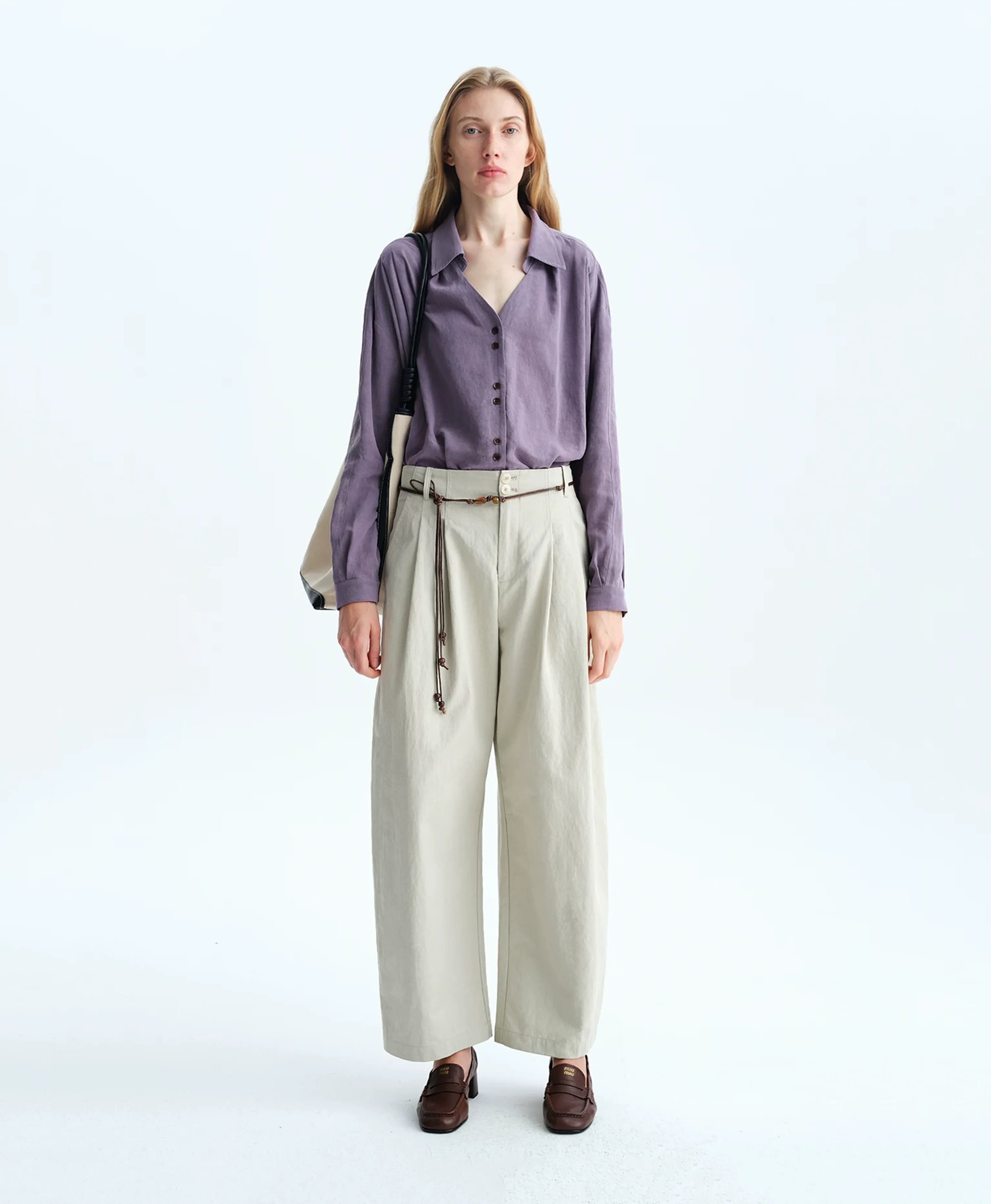 Curved Double-Pleat Wide-Leg Trousers - Image 5