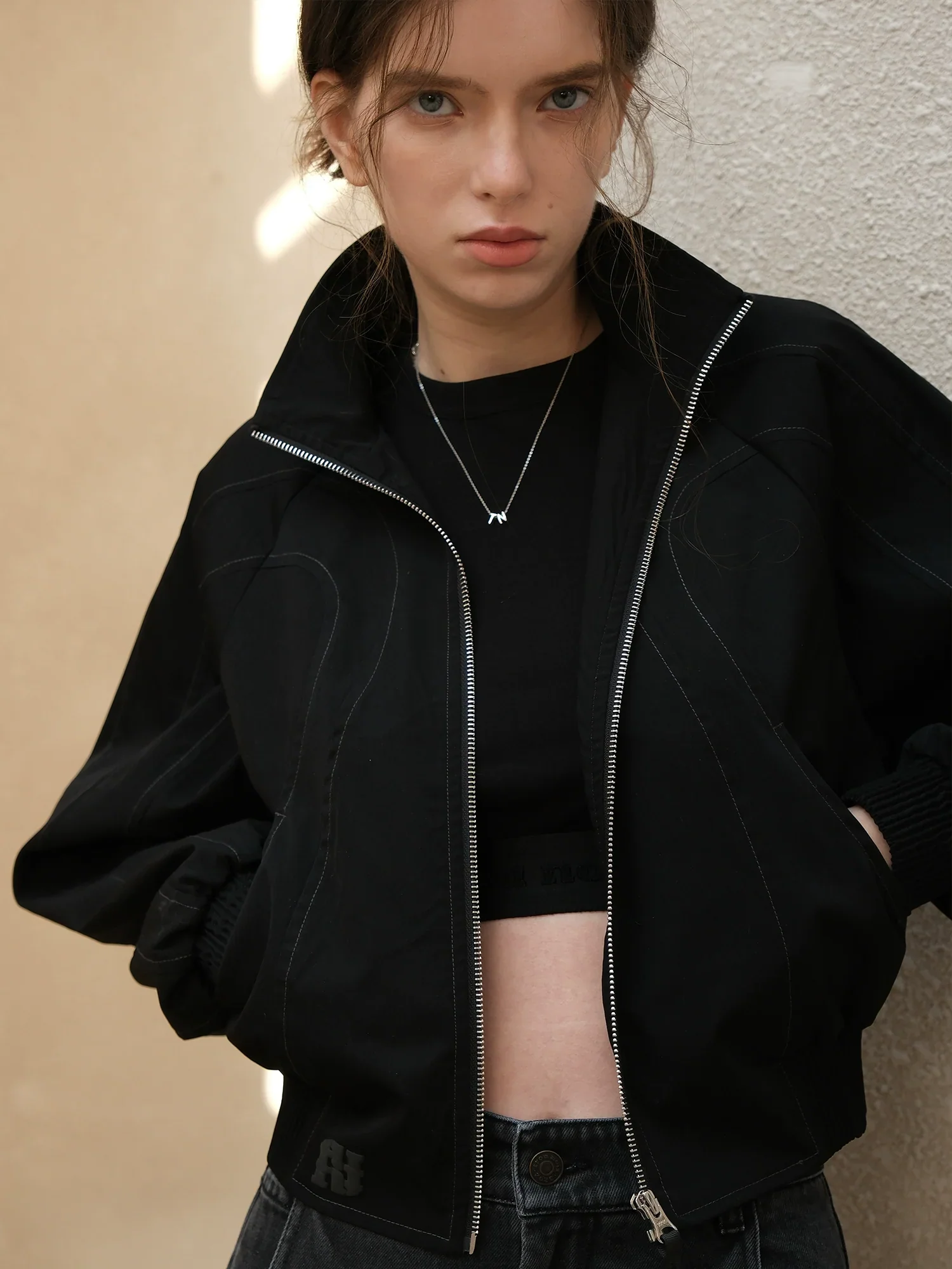 Curved Stitch Cropped Bomber Jacket - Image 5