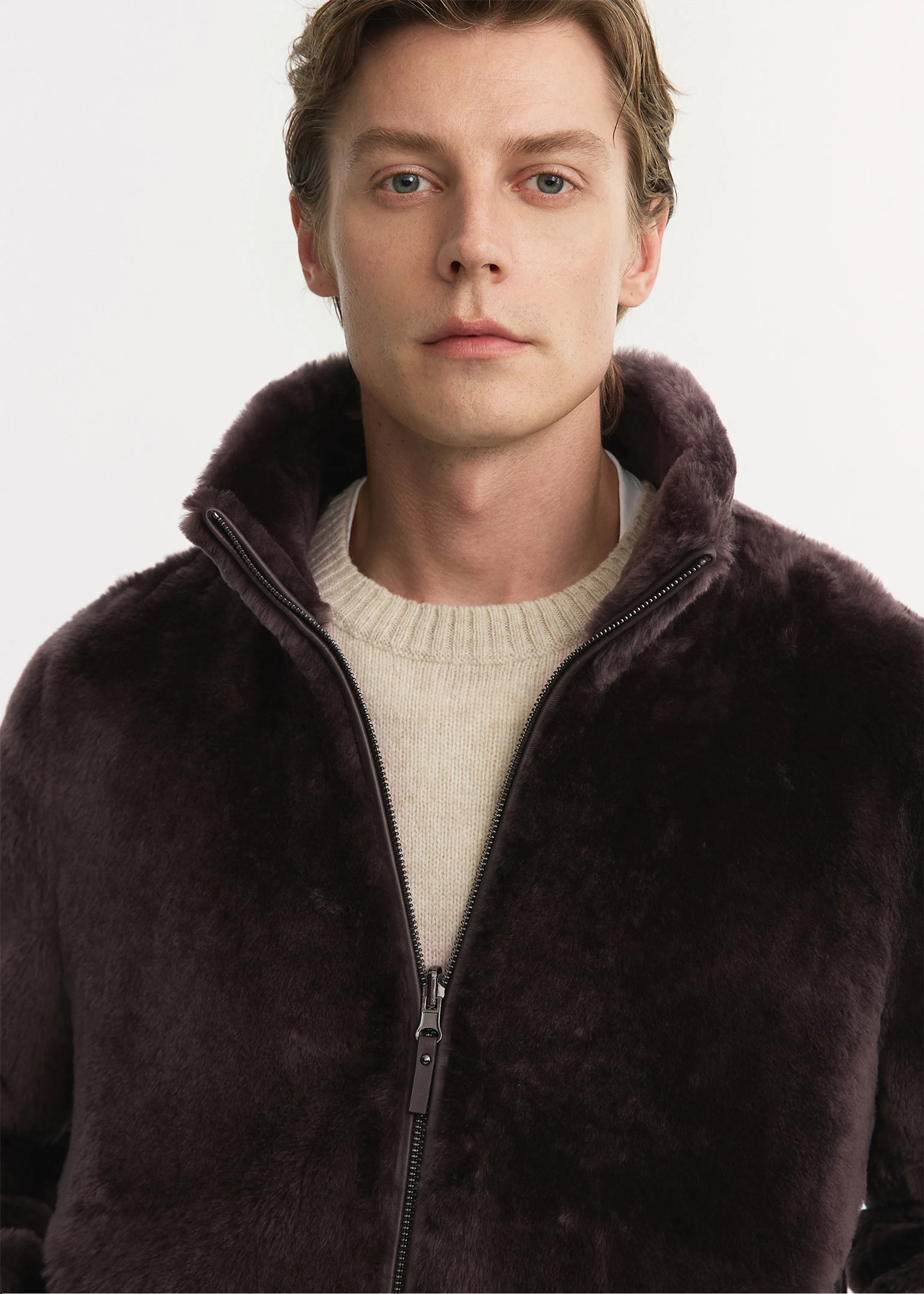 Dark Brown Faux-Fur Stand-Collar Bomber