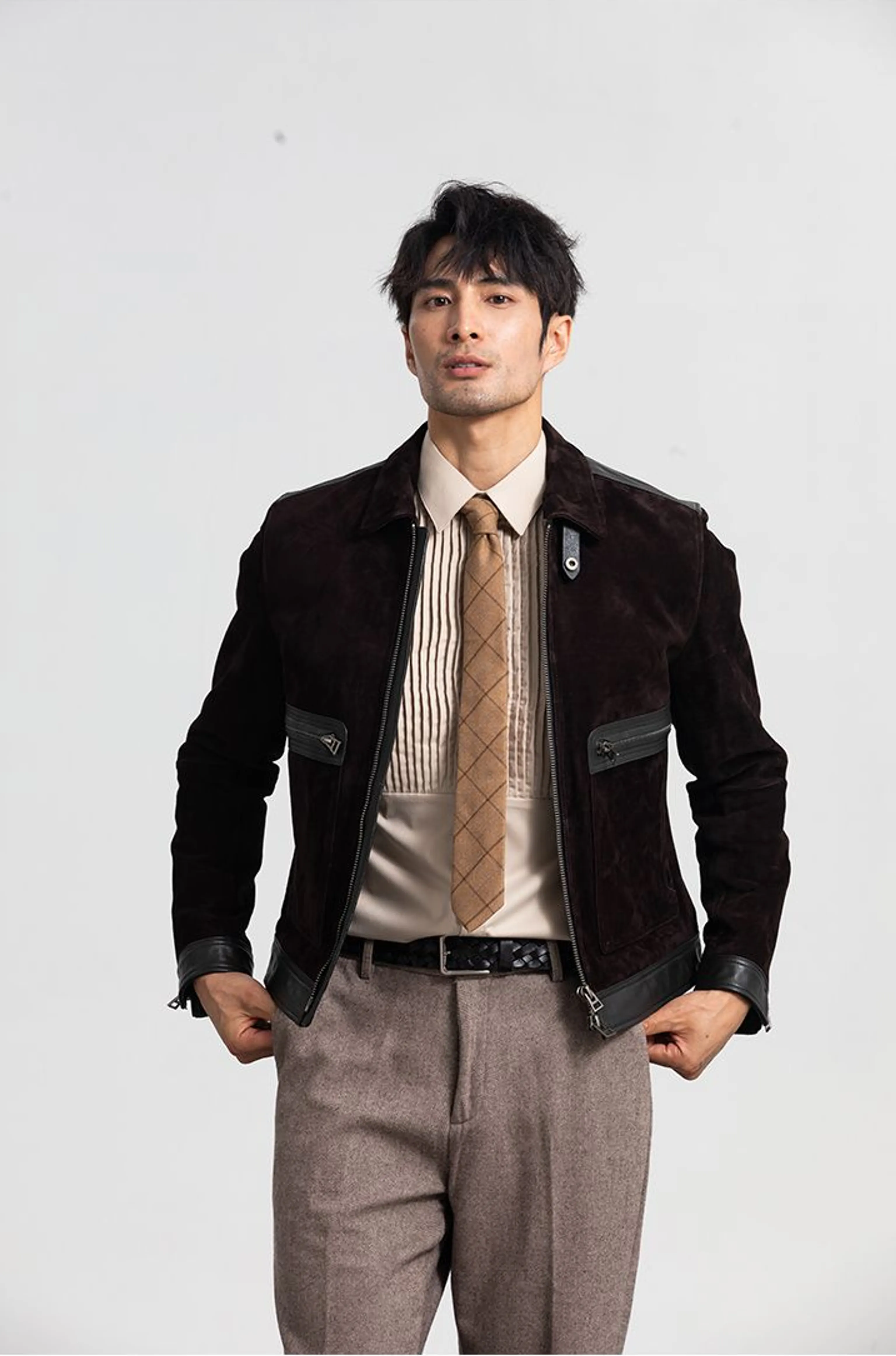 Dark Brown Lambskin Suede Zip Jacket