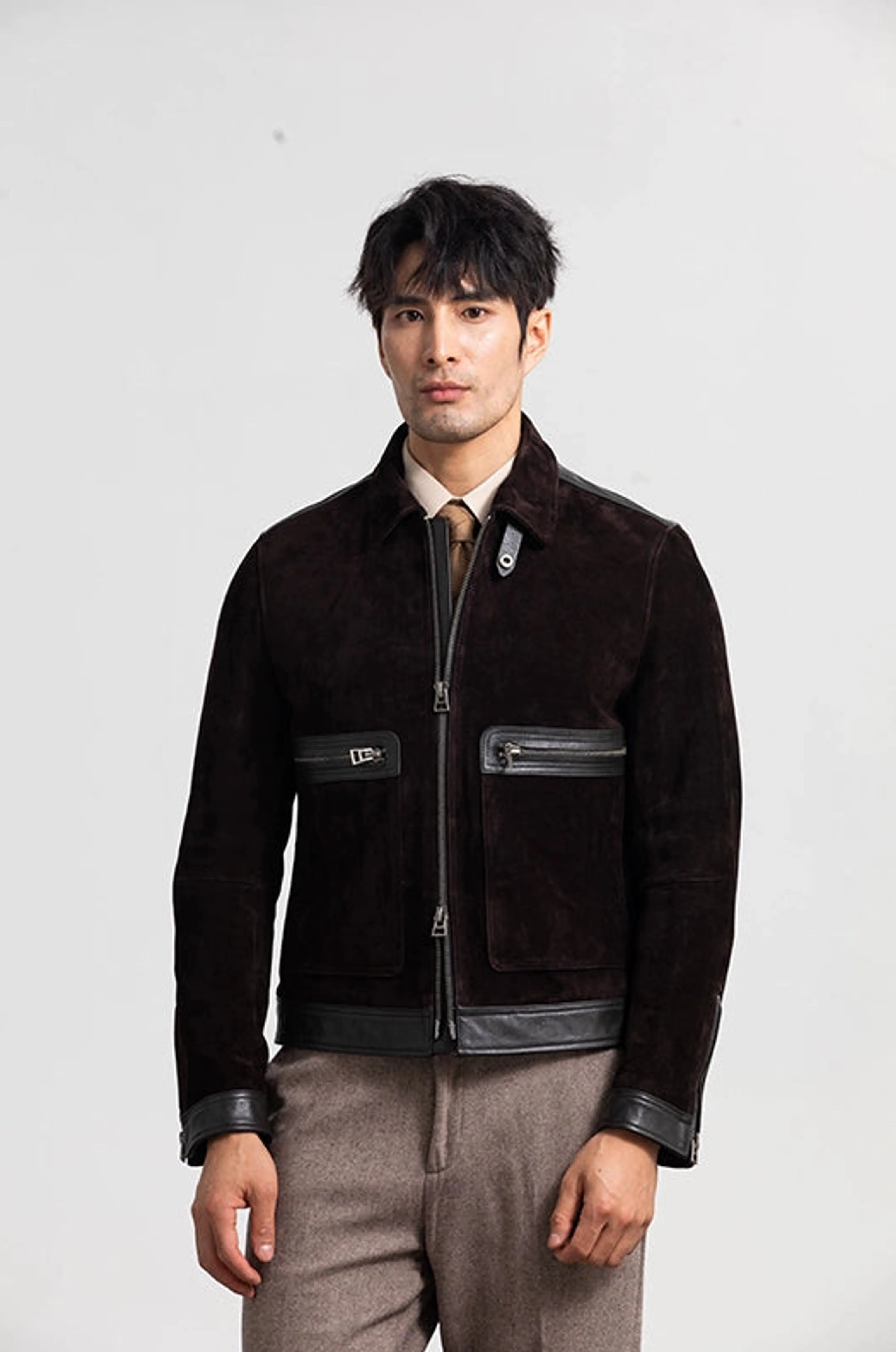 Dark Brown Lambskin Suede Zip Jacket - Image 3