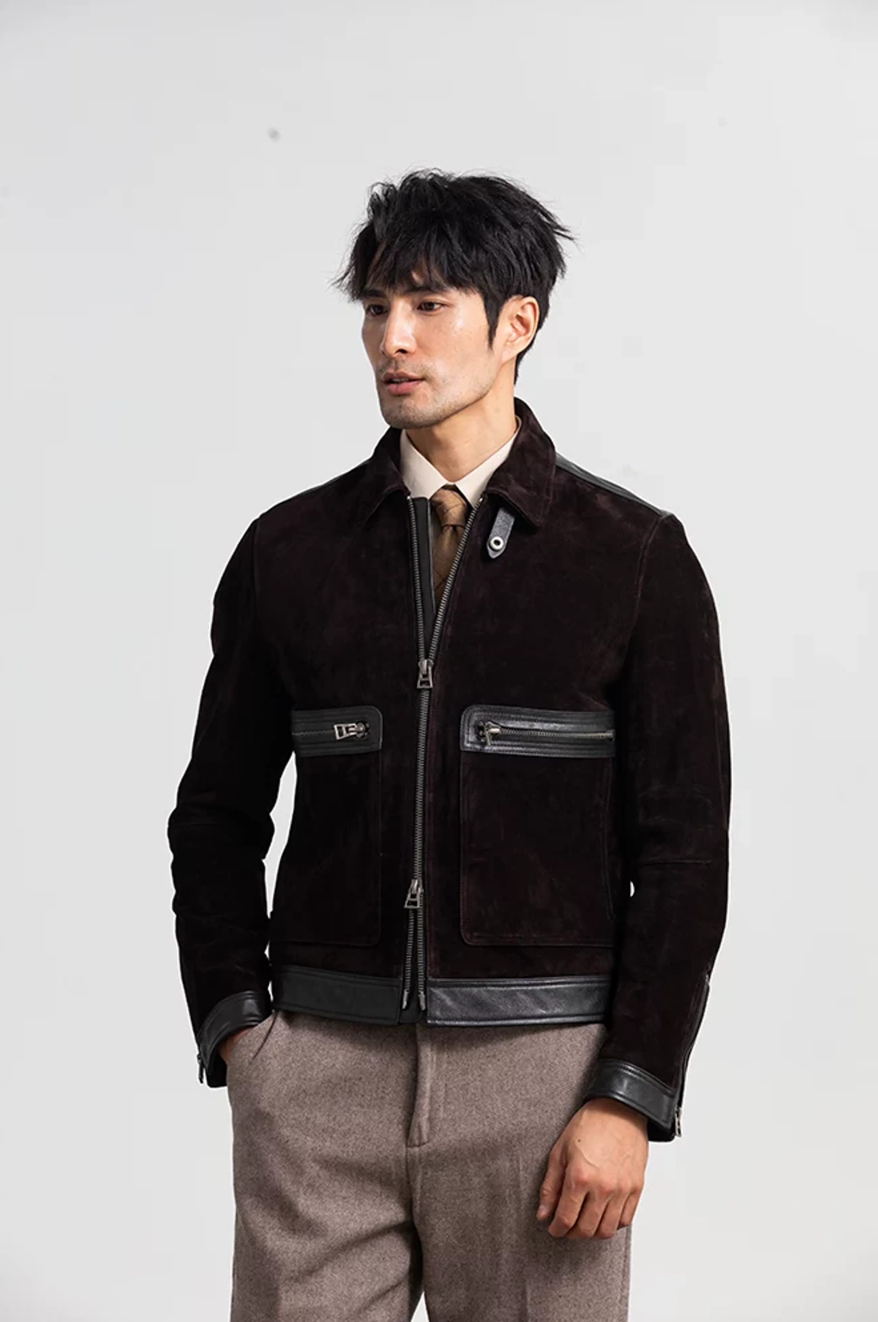 Dark Brown Lambskin Suede Zip Jacket - Image 5