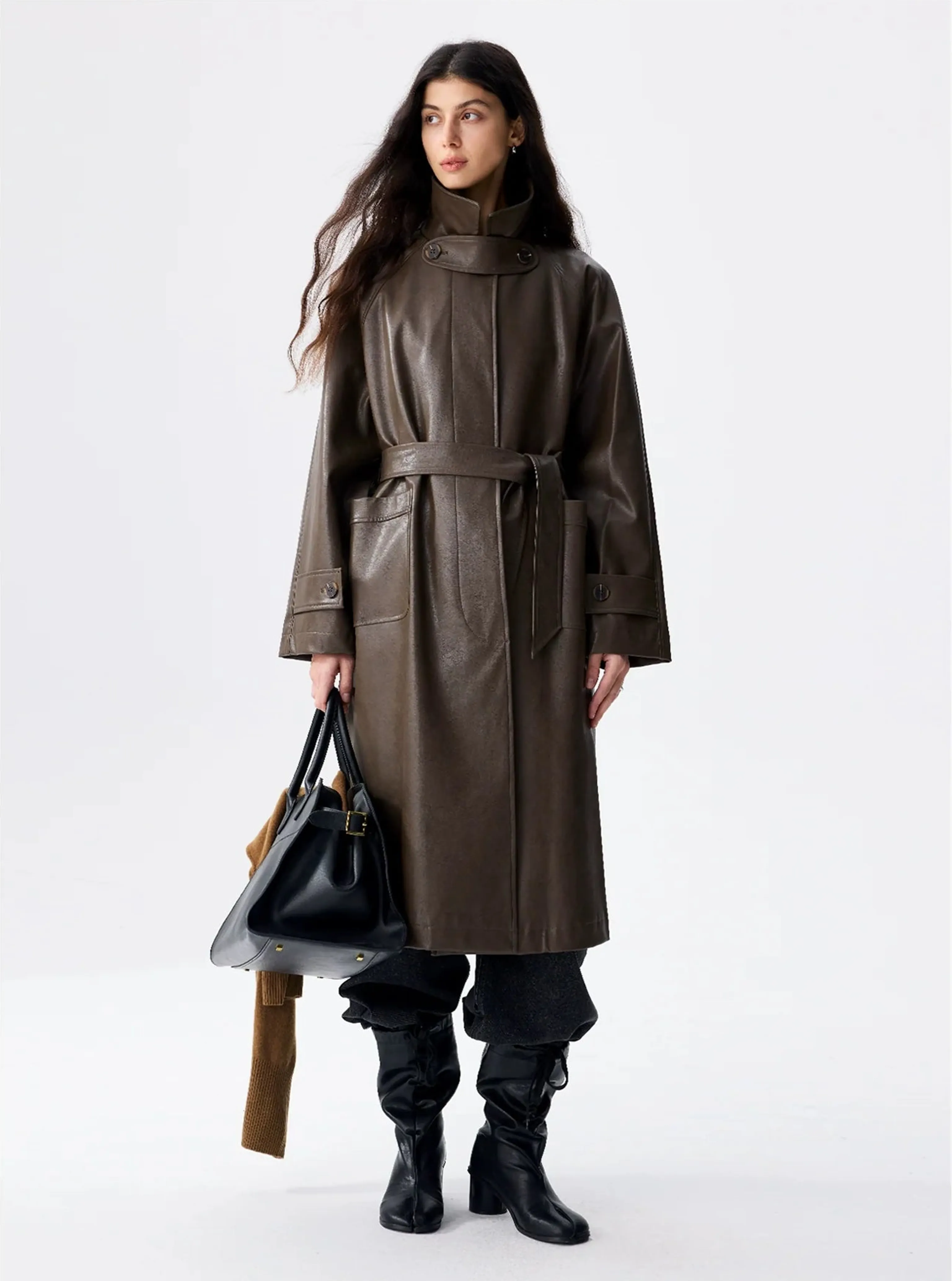 Dark Brown Faux Leather Trench Coat
