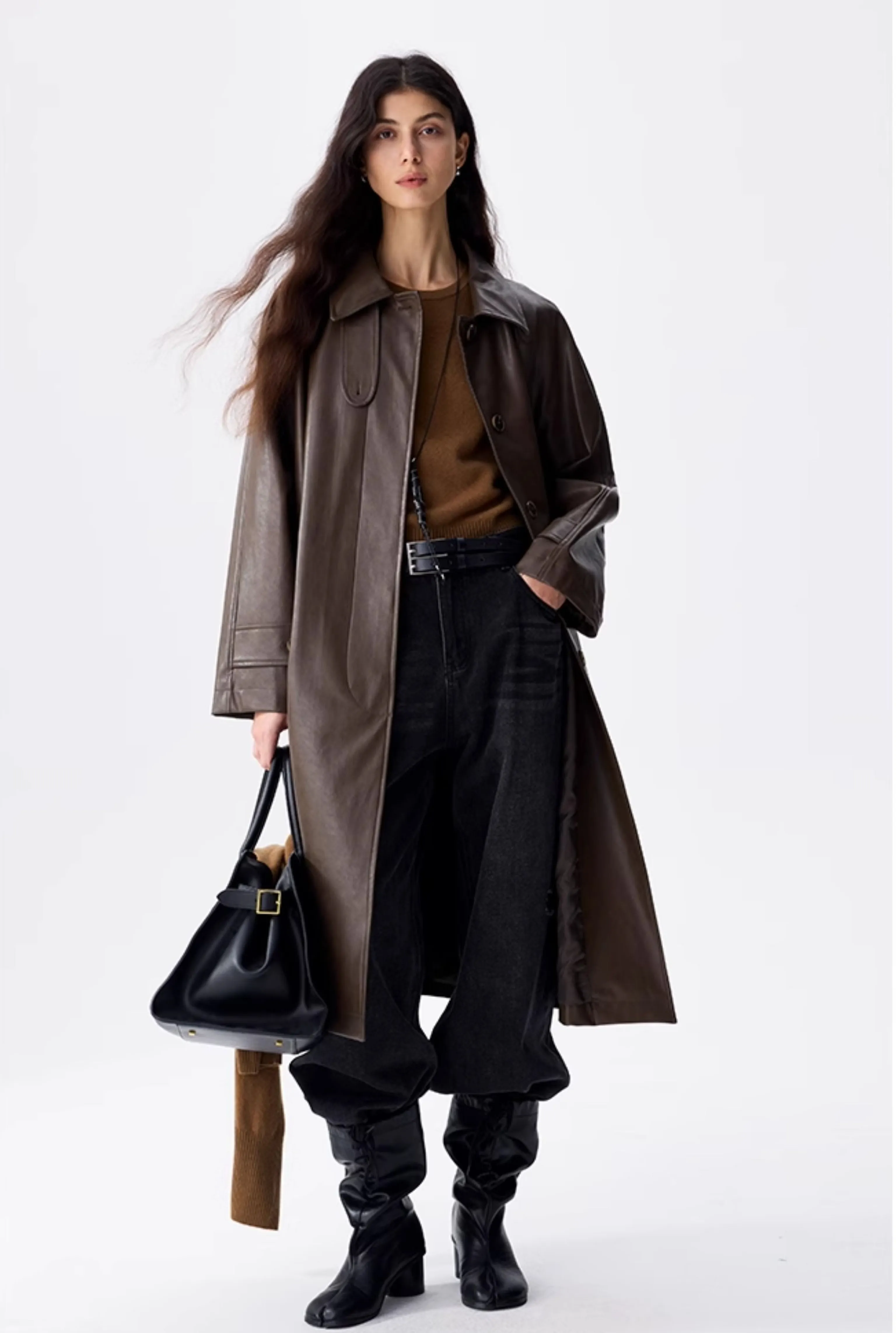 Dark Brown Faux Leather Trench Coat - Image 2