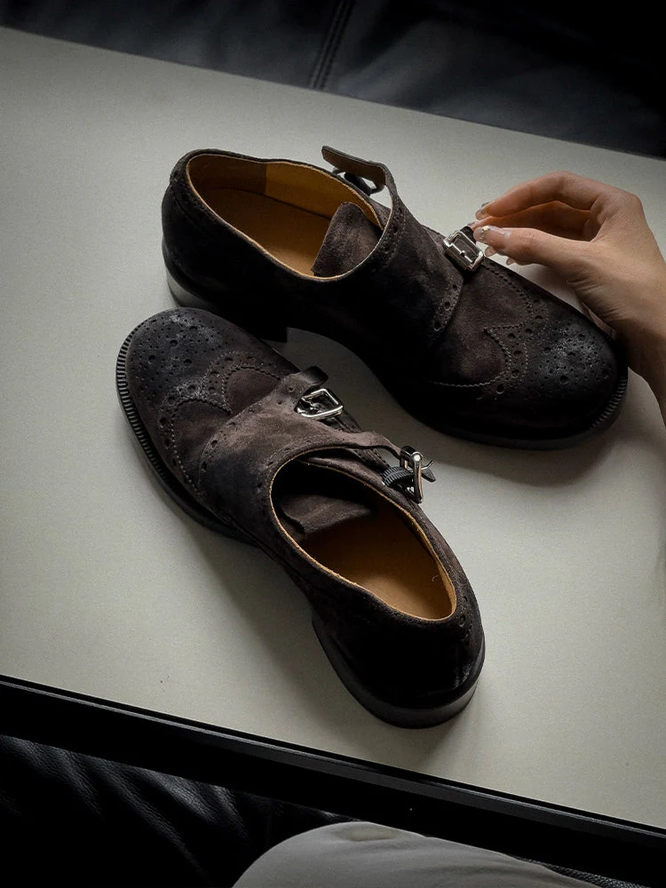 Dark Brown Suede Double Monk Brogues