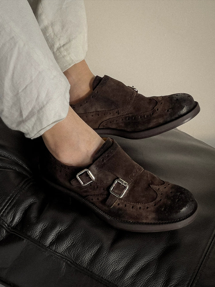 Dark Brown Suede Double Monk Brogues - Image 2