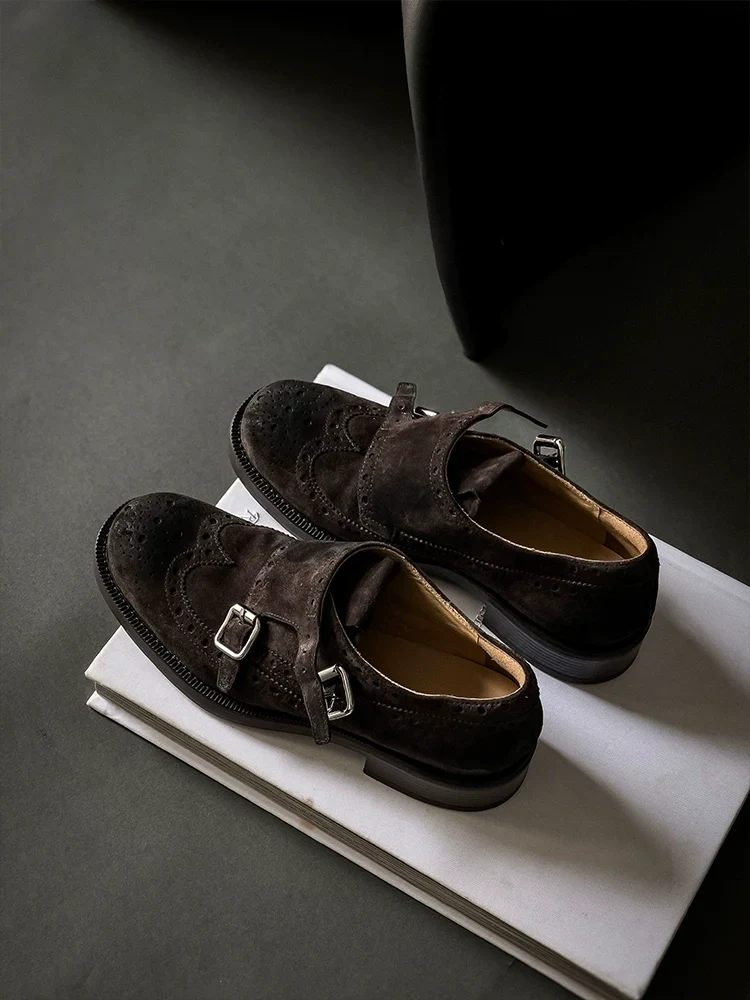 Dark Brown Suede Double Monk Brogues - Image 3