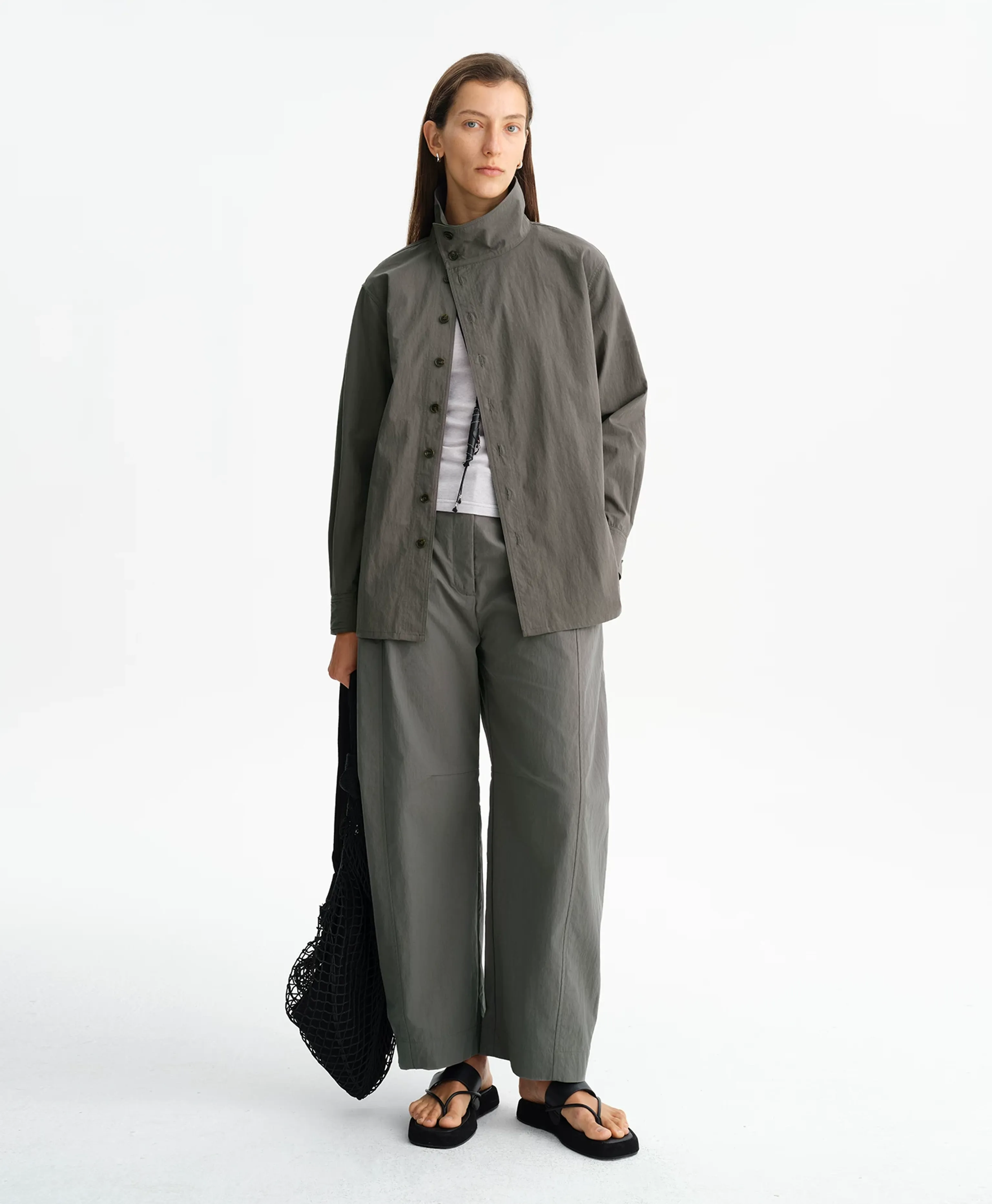 Dark Grey Mercerized Stand-Collar Shirt Jacket