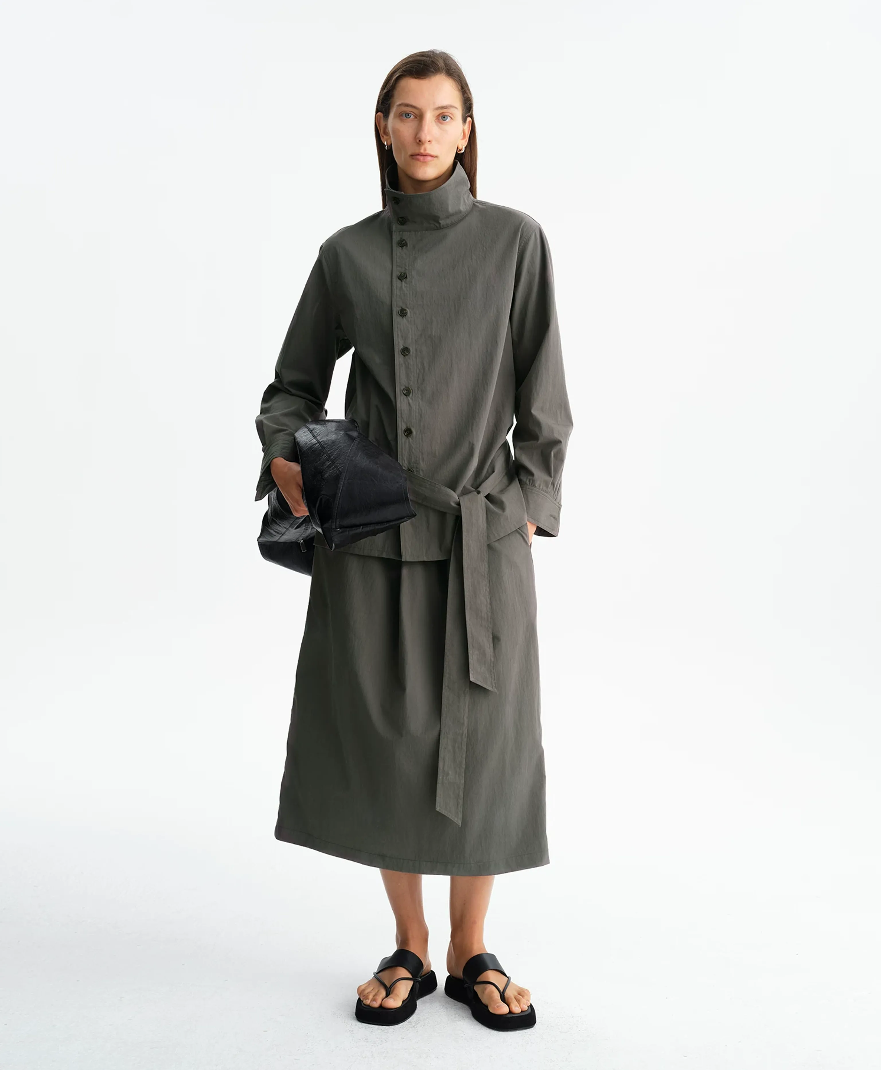 Dark Grey Mercerized Stand-Collar Shirt Jacket - Image 2