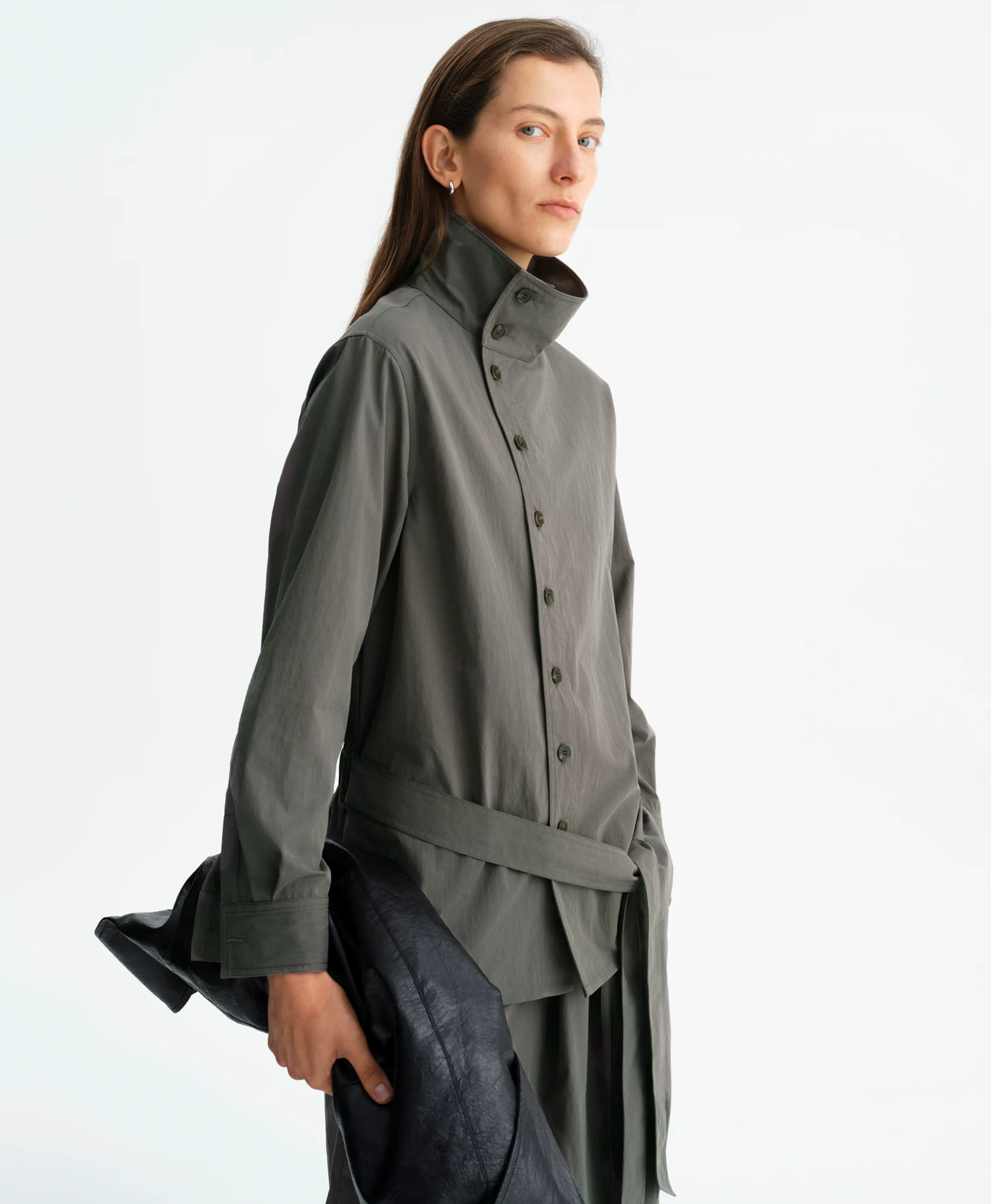 Dark Grey Mercerized Stand-Collar Shirt Jacket - Image 4