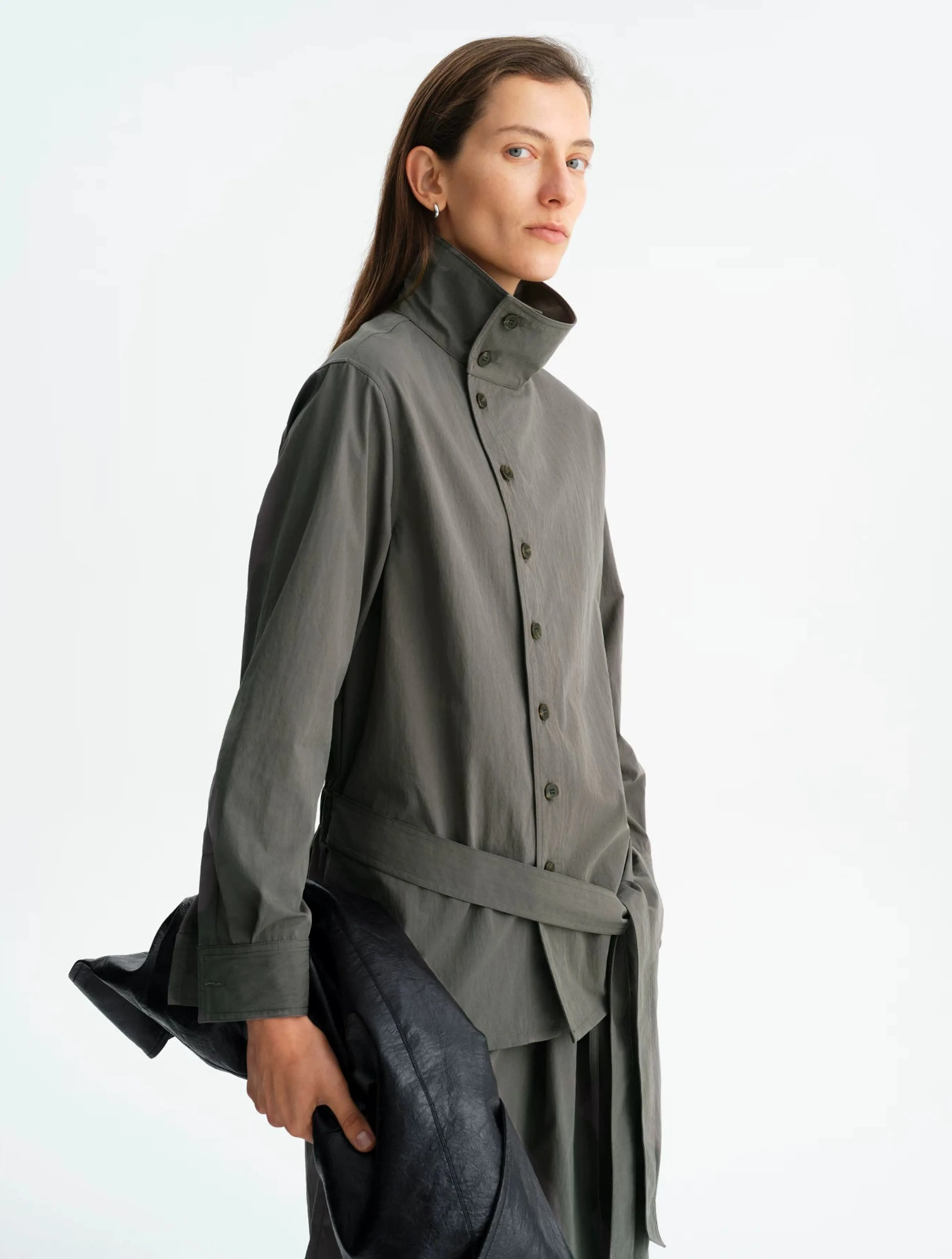 Dark Grey Mercerized Stand-Collar Shirt Jacket - Image 5