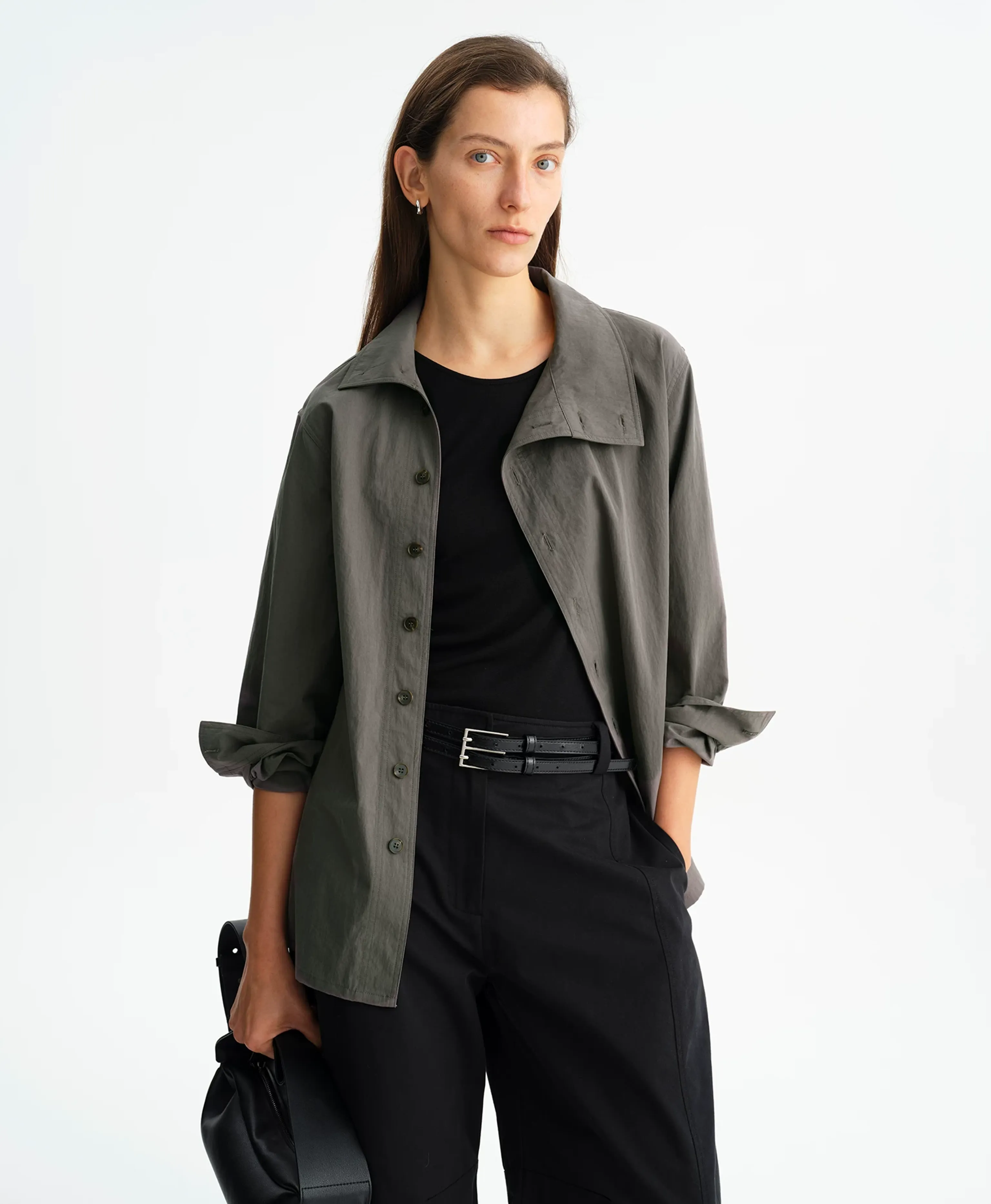 Dark Grey Mercerized Stand-Collar Shirt Jacket - Image 6