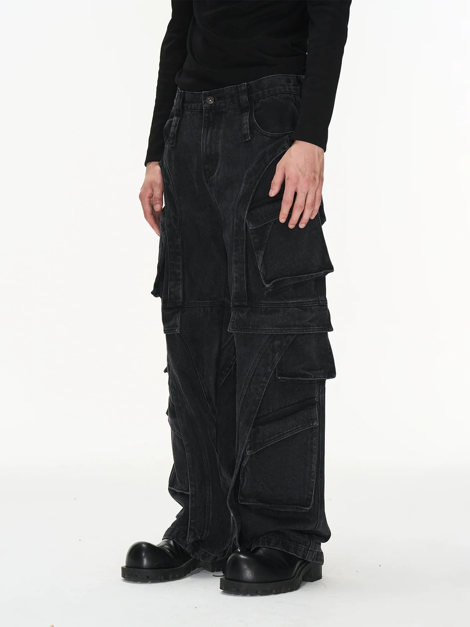 Deconstructed Washed Denim Cargo Trousers