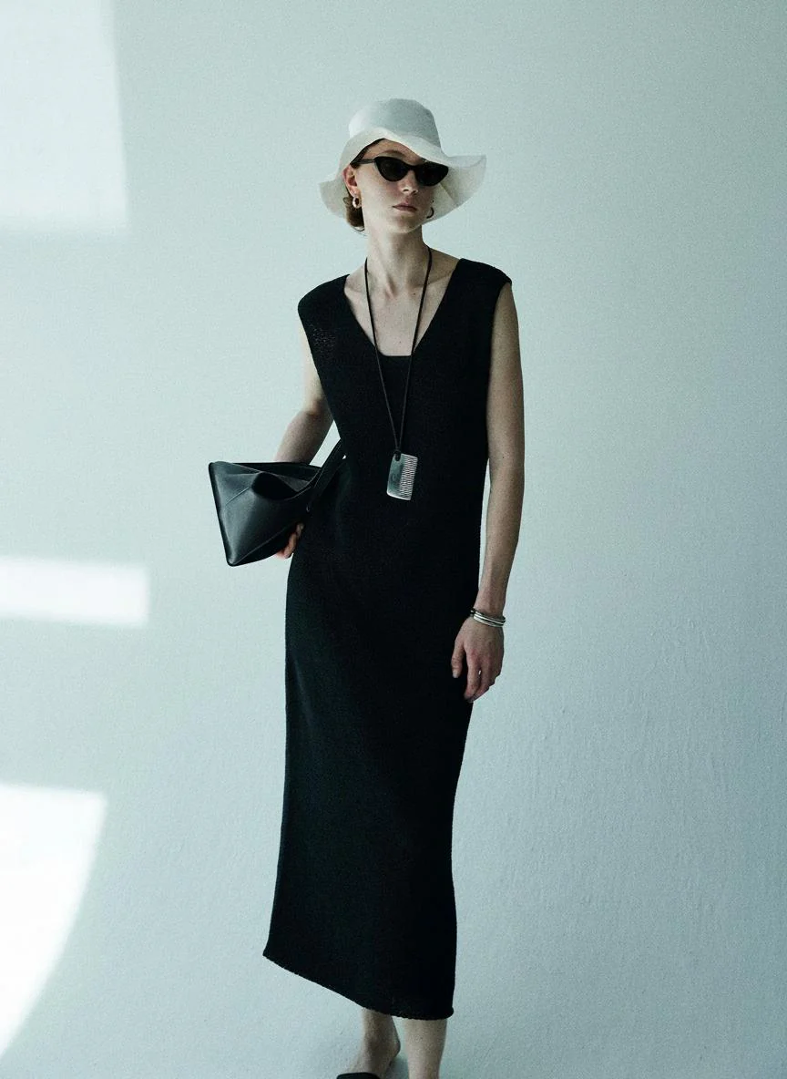 Deep V Open-Knit Dress Set