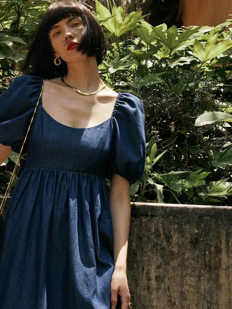 Denim-Blue Puff-Sleeve Mini Dress - Image 4