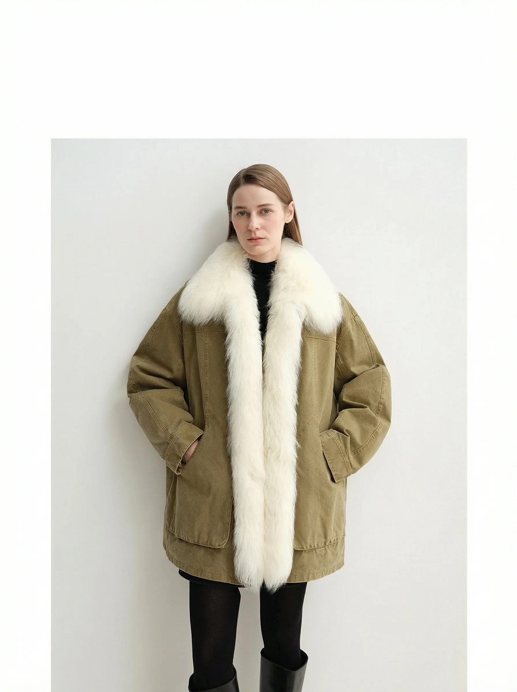 Denim Down Parka with Detachable Fur Collar