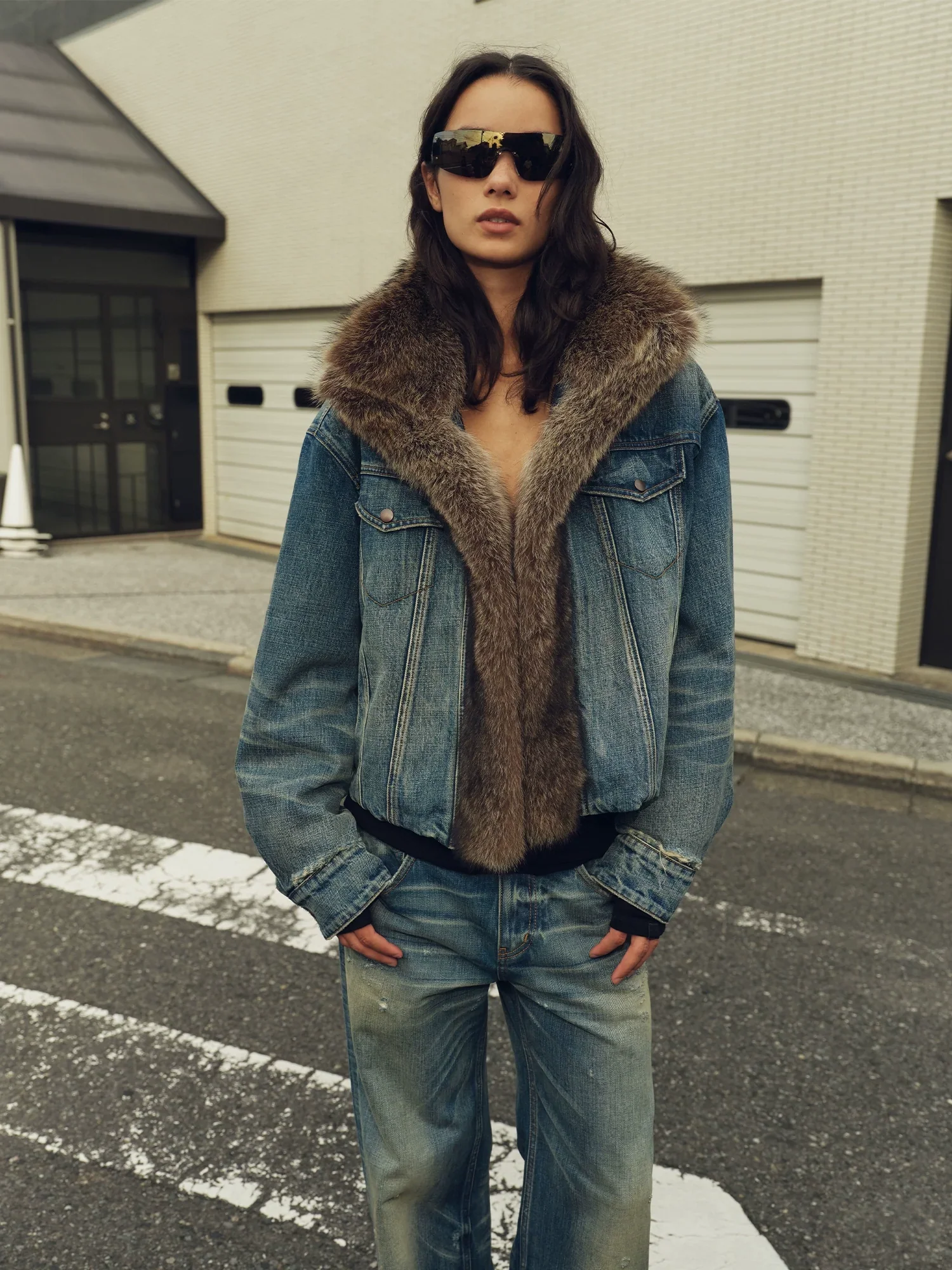 Denim Raccoon-Fur Collar Jacket