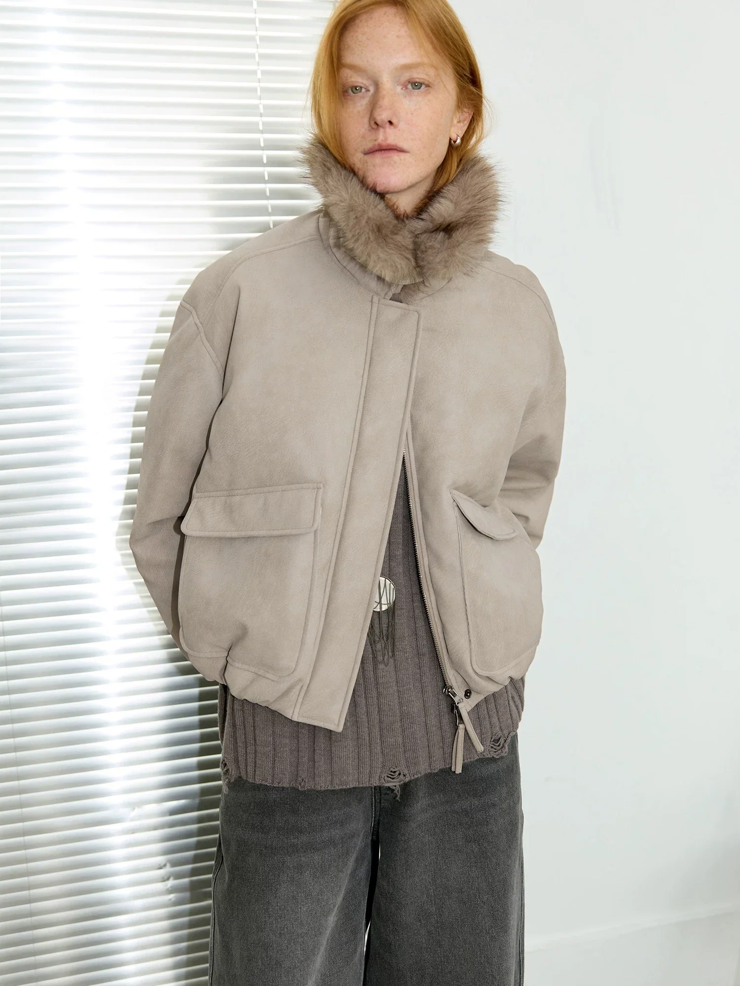 Detachable Faux-Fur Collar PU Down Bomber - Image 3