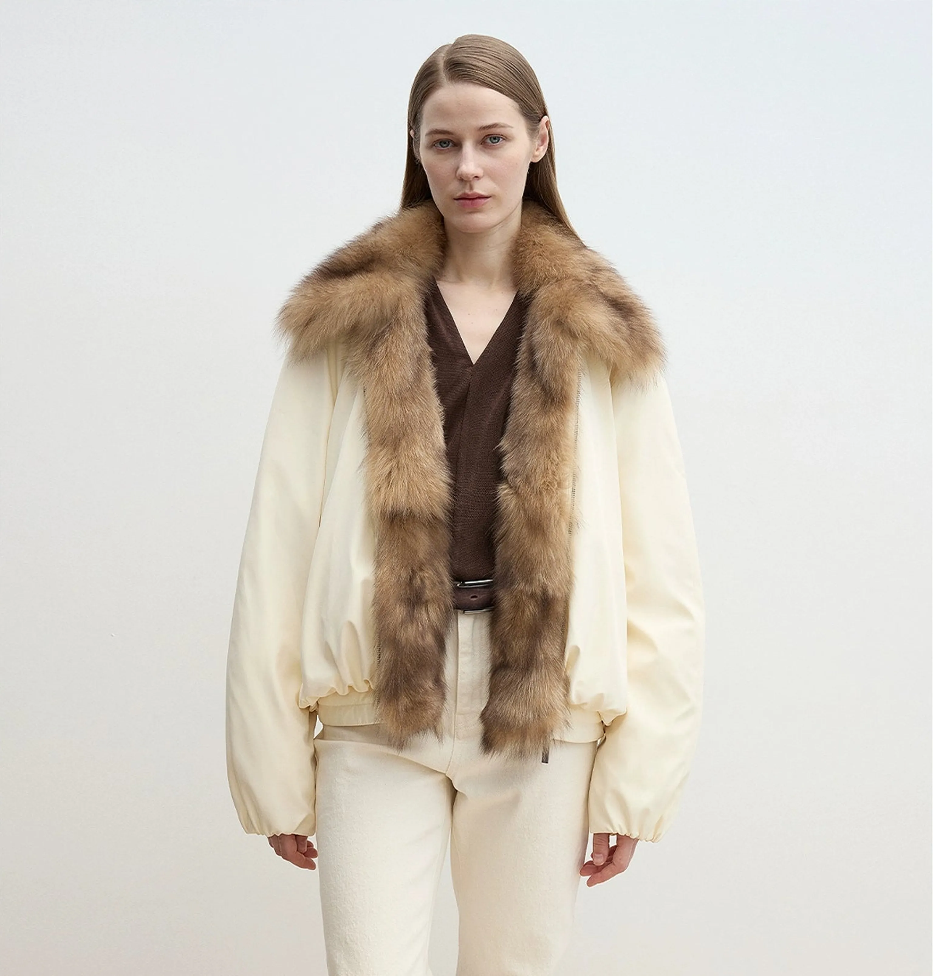 Detachable Fox Fur Collar Down Bomber