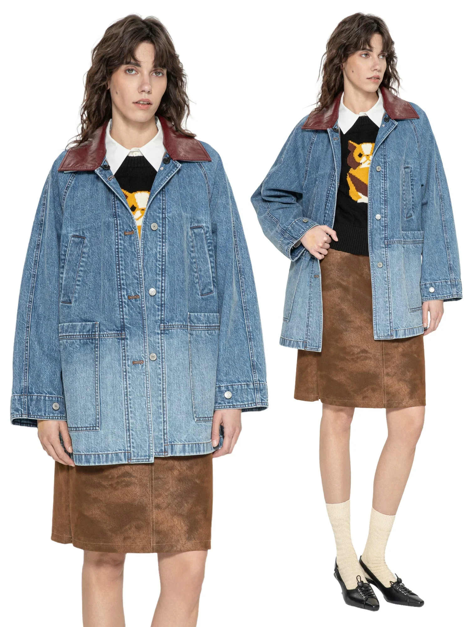 Detachable Leather-Collar Denim Jacket - Image 4